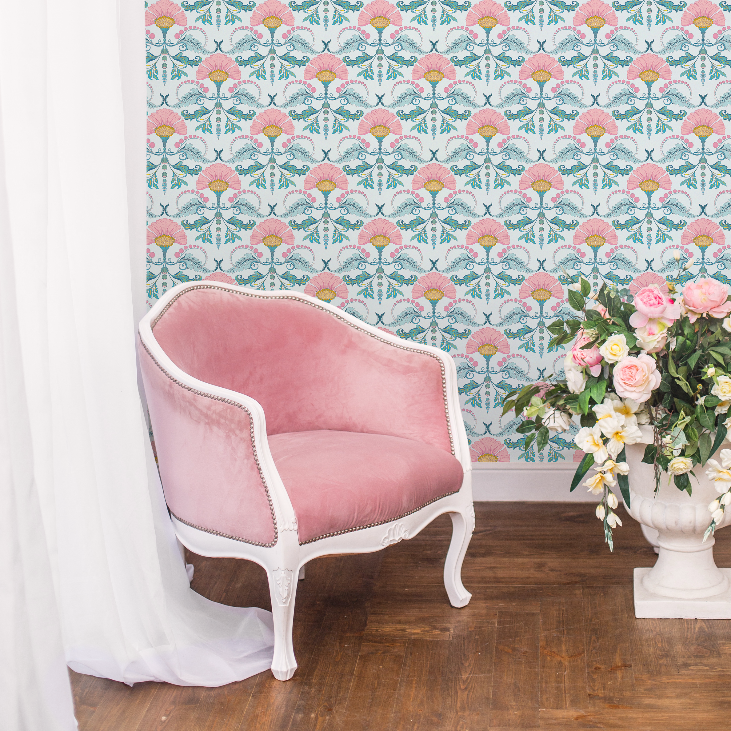 Floral Wallpaper With A Stylized Damask Motif In Pink, Teal, And Yellow - D237