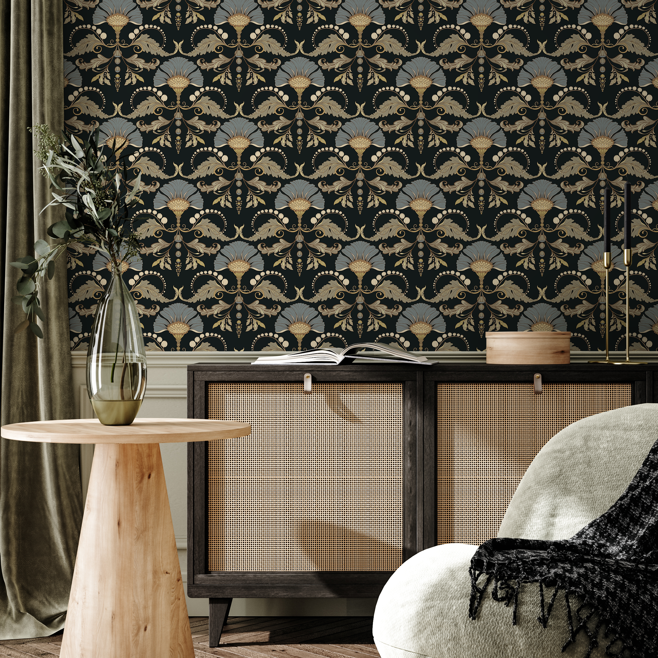 Vintage Wallpaper With A Floral Damask Motif In Black, Blue, And Gold - D240