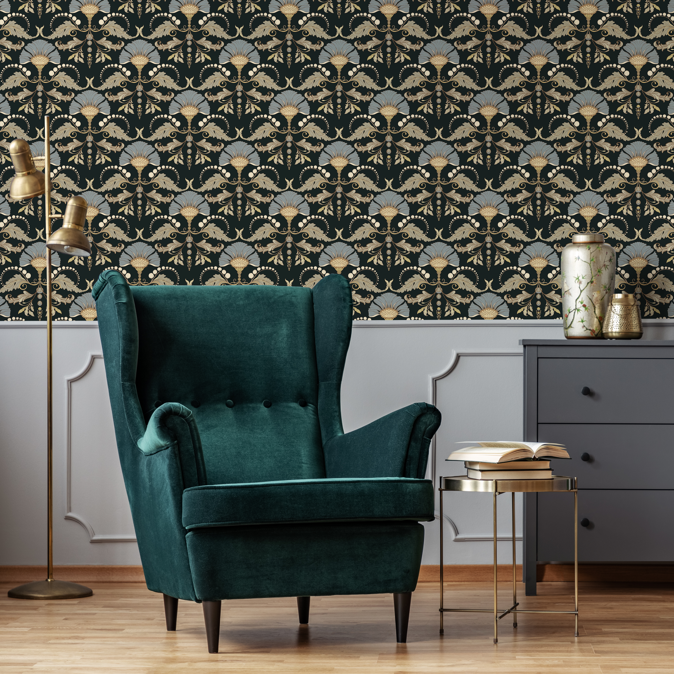 Vintage Wallpaper With A Floral Damask Motif In Black, Blue, And Gold - D240