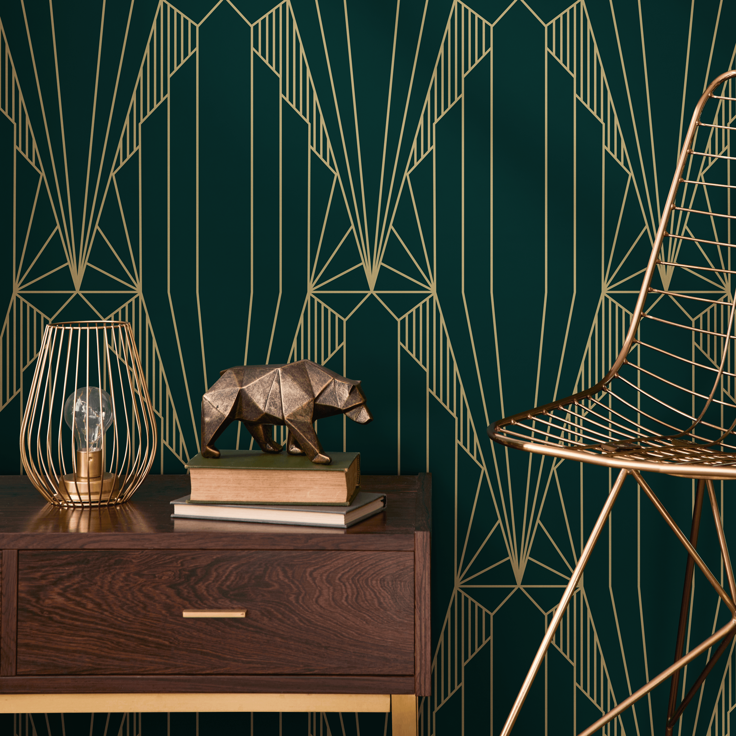Art Deco Wallpaper With A Geometric Fan Motif In Green And Gold - D243