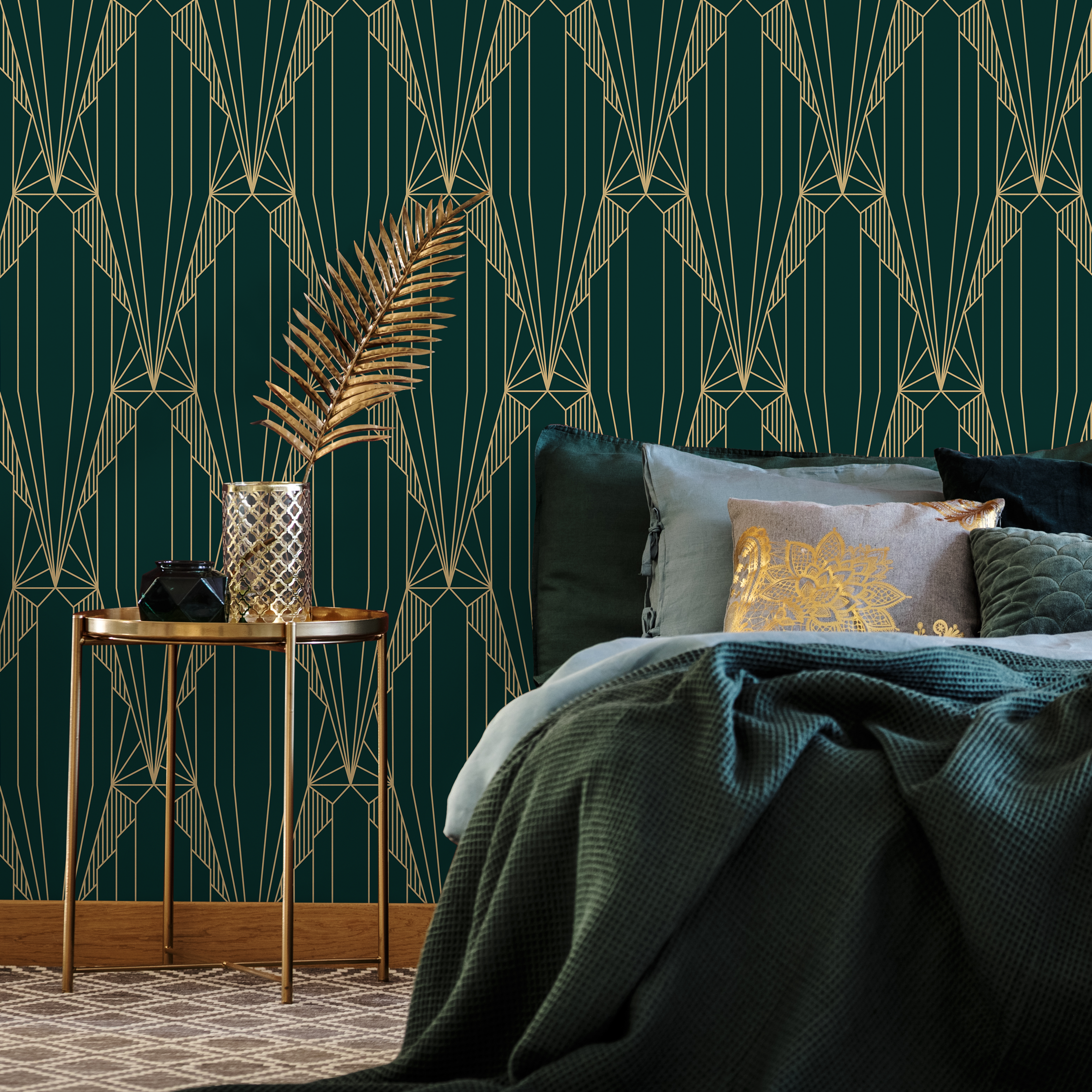 Art Deco Wallpaper With A Geometric Fan Motif In Green And Gold - D243
