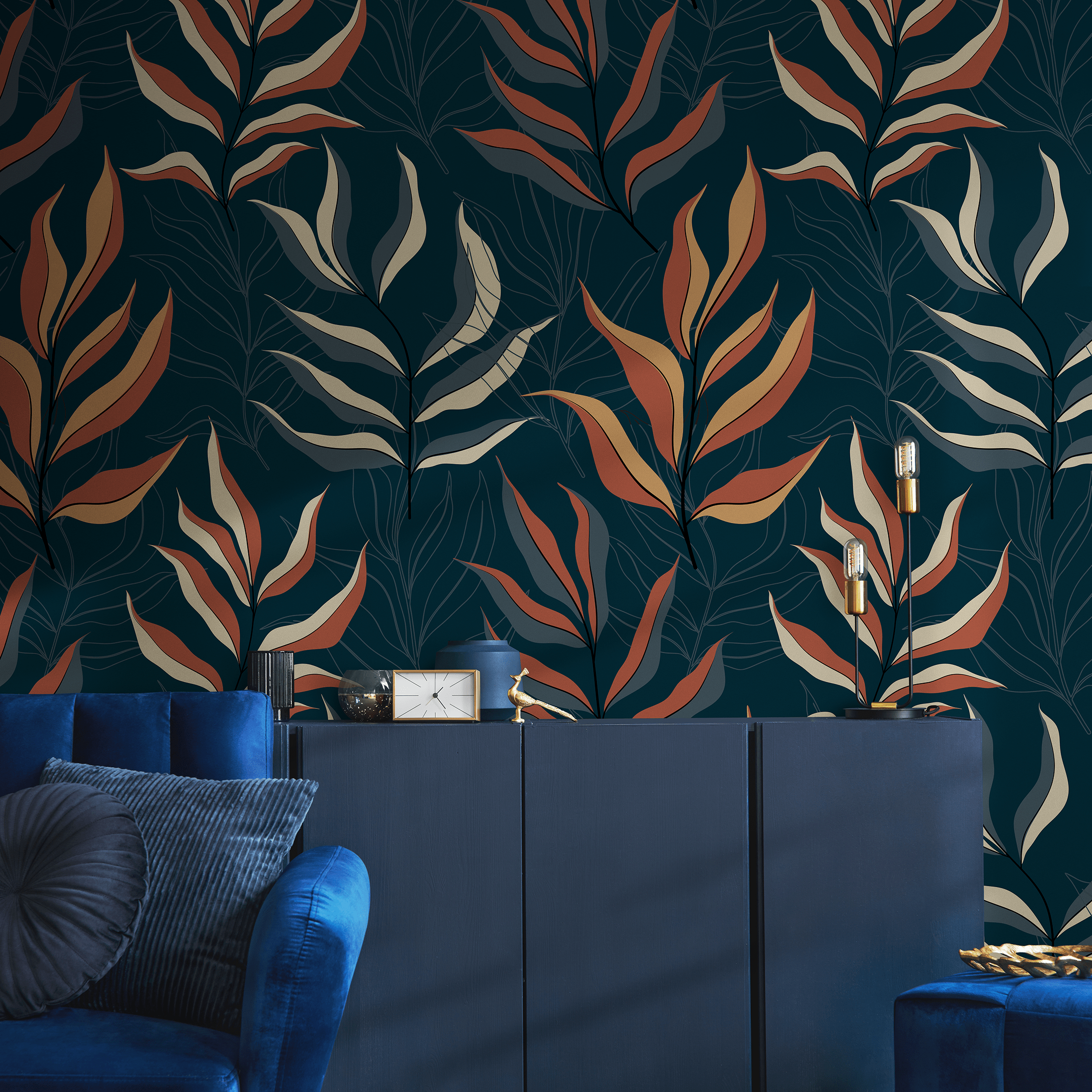 Botanical Wallpaper With Stylized Leaves In Blue, Rust, And Yellow - D254