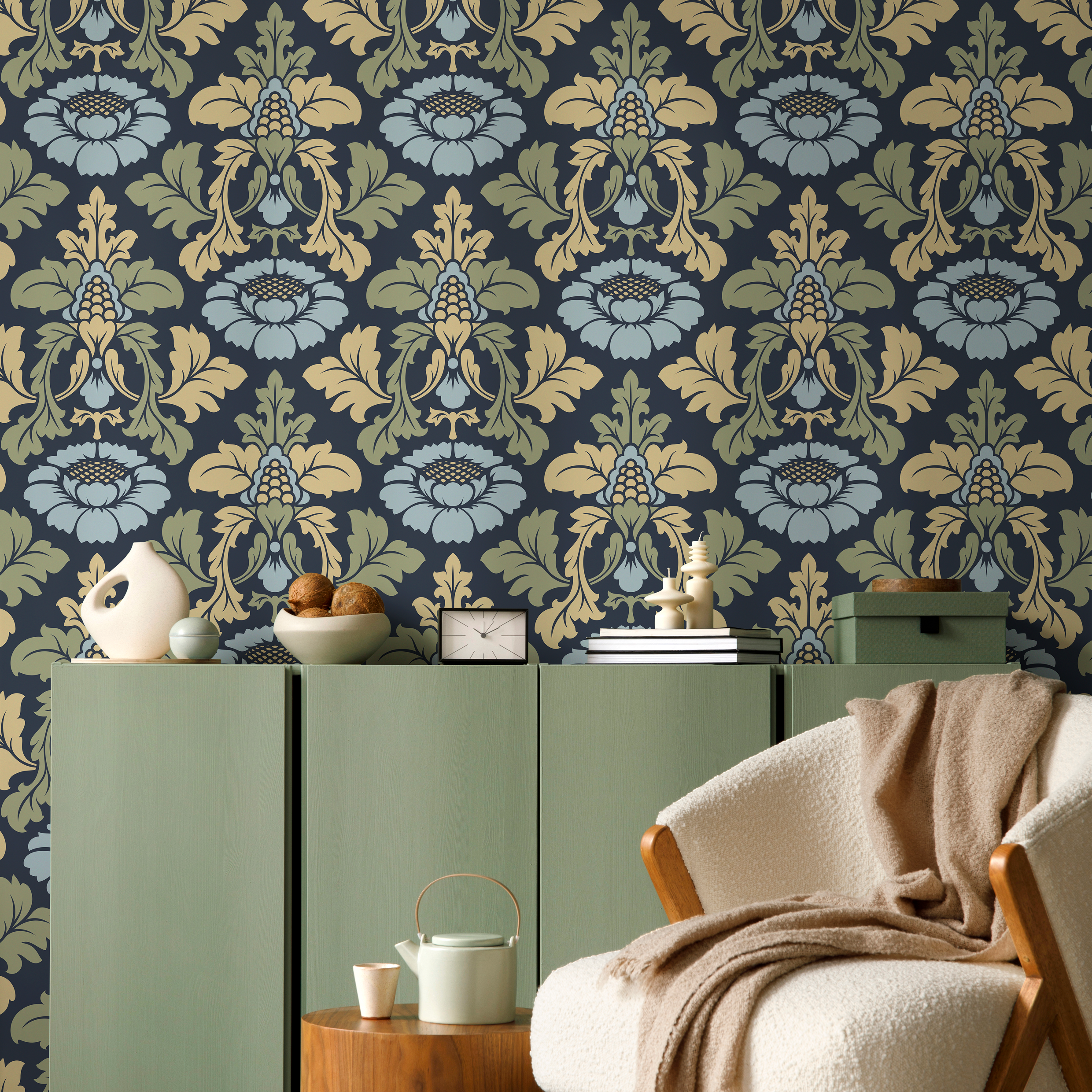 Damask Wallpaper With A Stylized Floral Motif In Navy Blue, Gold, And Light Blue - D256