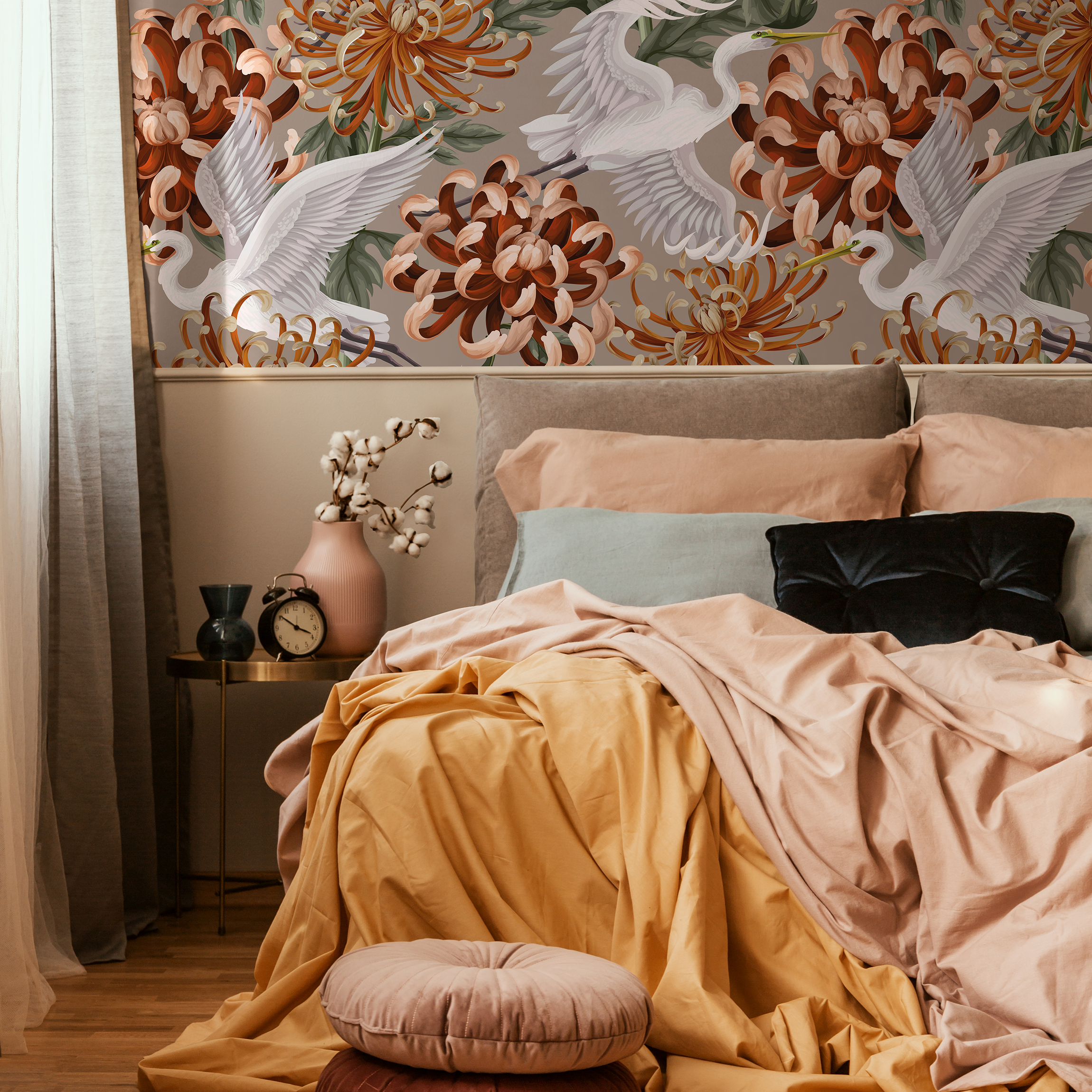 Chinoiserie Wallpaper With Cranes And Chrysanthemums In Orange And White - D265