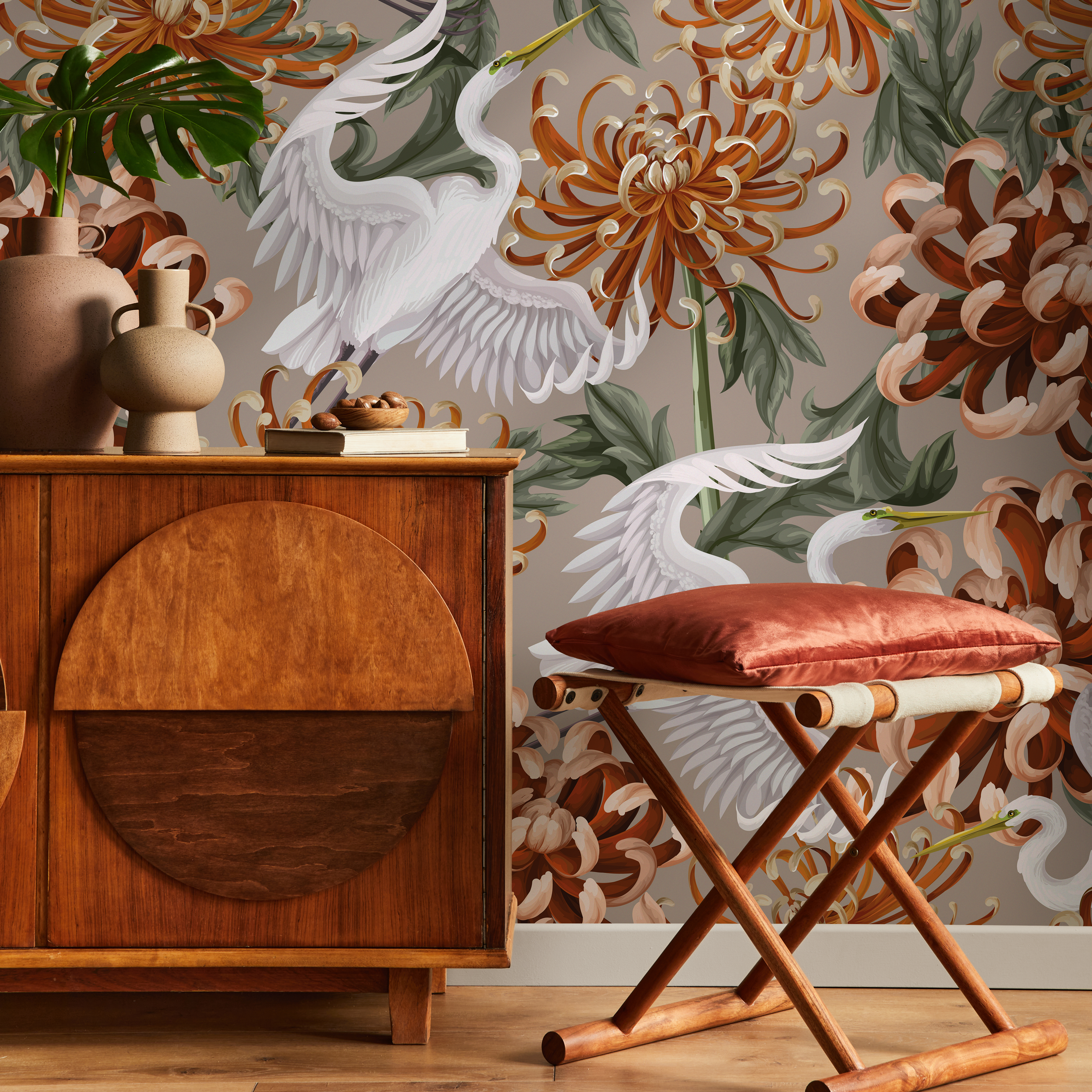 Chinoiserie Wallpaper With Cranes And Chrysanthemums In Orange And White - D265