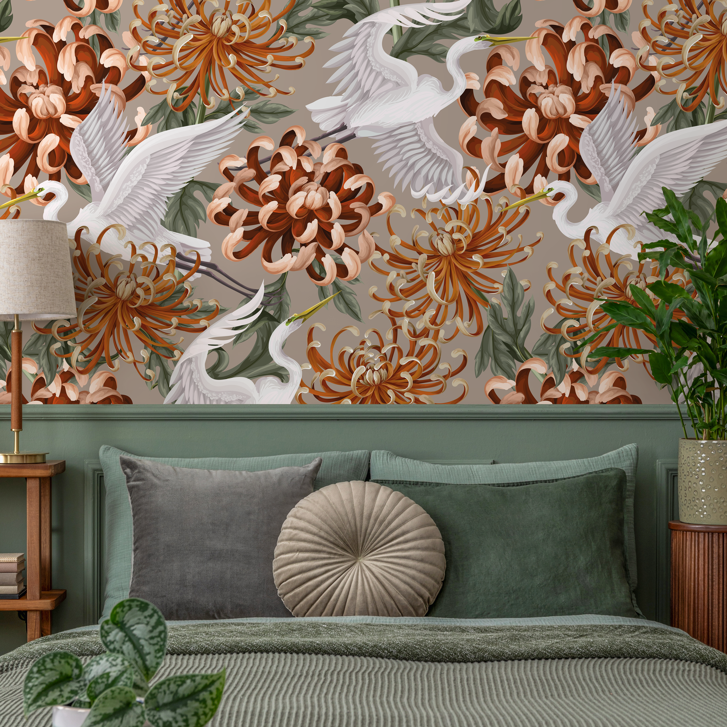 Chinoiserie Wallpaper With Cranes And Chrysanthemums In Orange And White - D265