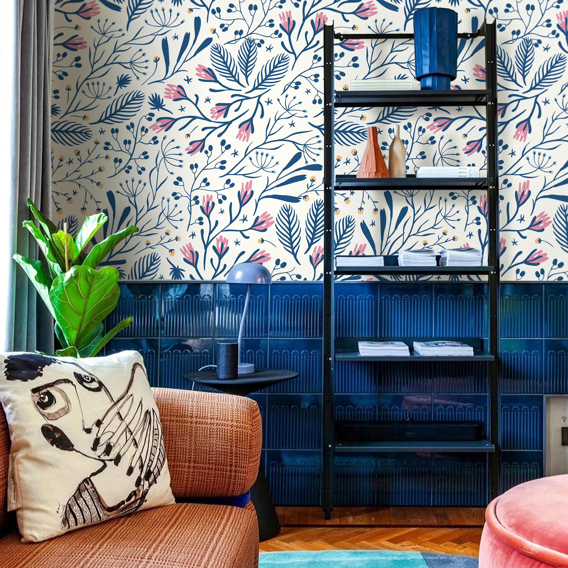 Scandinavian Wallpaper With A Folk Art Floral Motif In Blue, Pink, And Yellow - D279