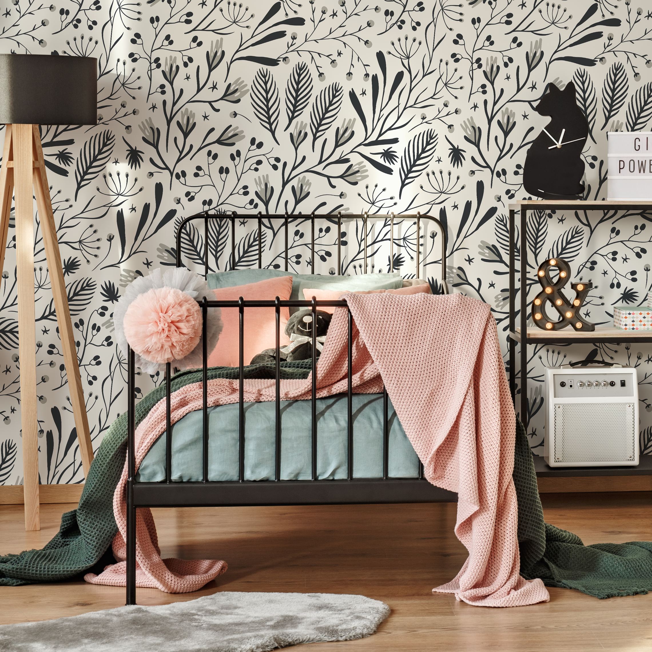 Botanical Wallpaper With Stylized Leaves And Berries In Black And Gray - D281