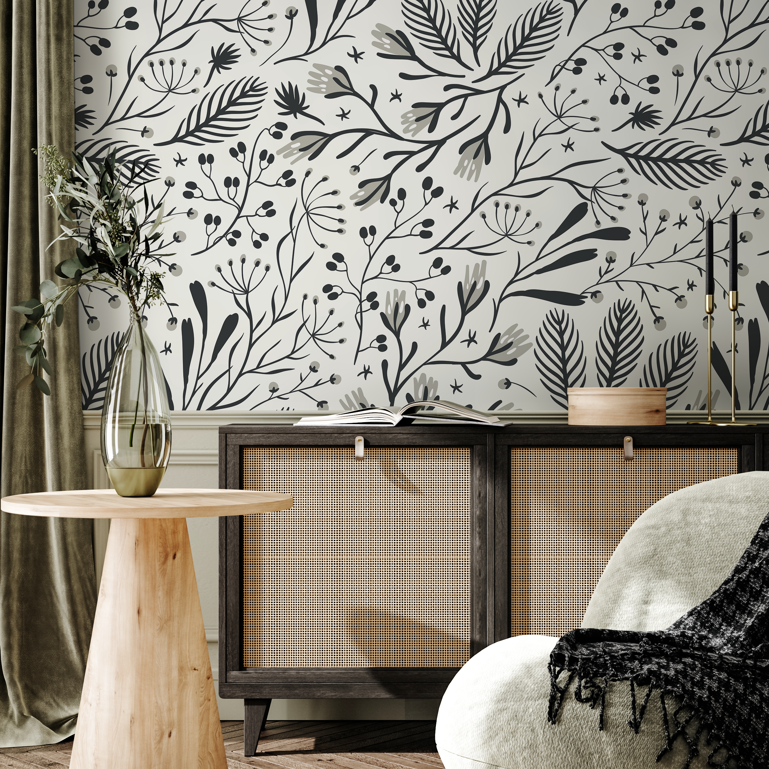 Botanical Wallpaper With Stylized Leaves And Berries In Black And Gray - D281