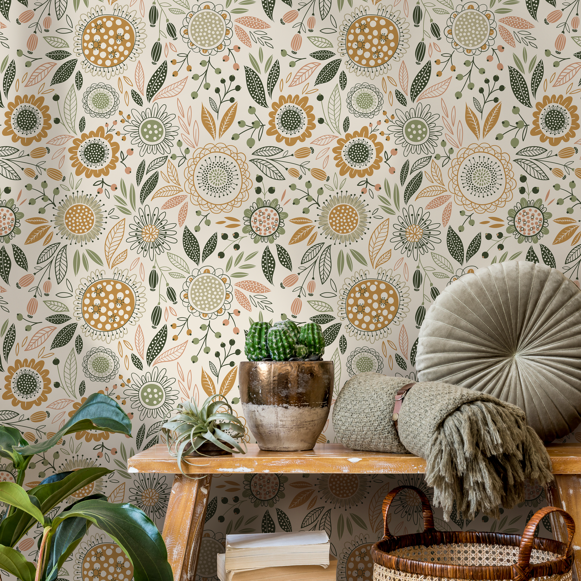 Boho Floral Wallpaper With Stylized Garden Blooms In Green, Ochre, And Pink - D284