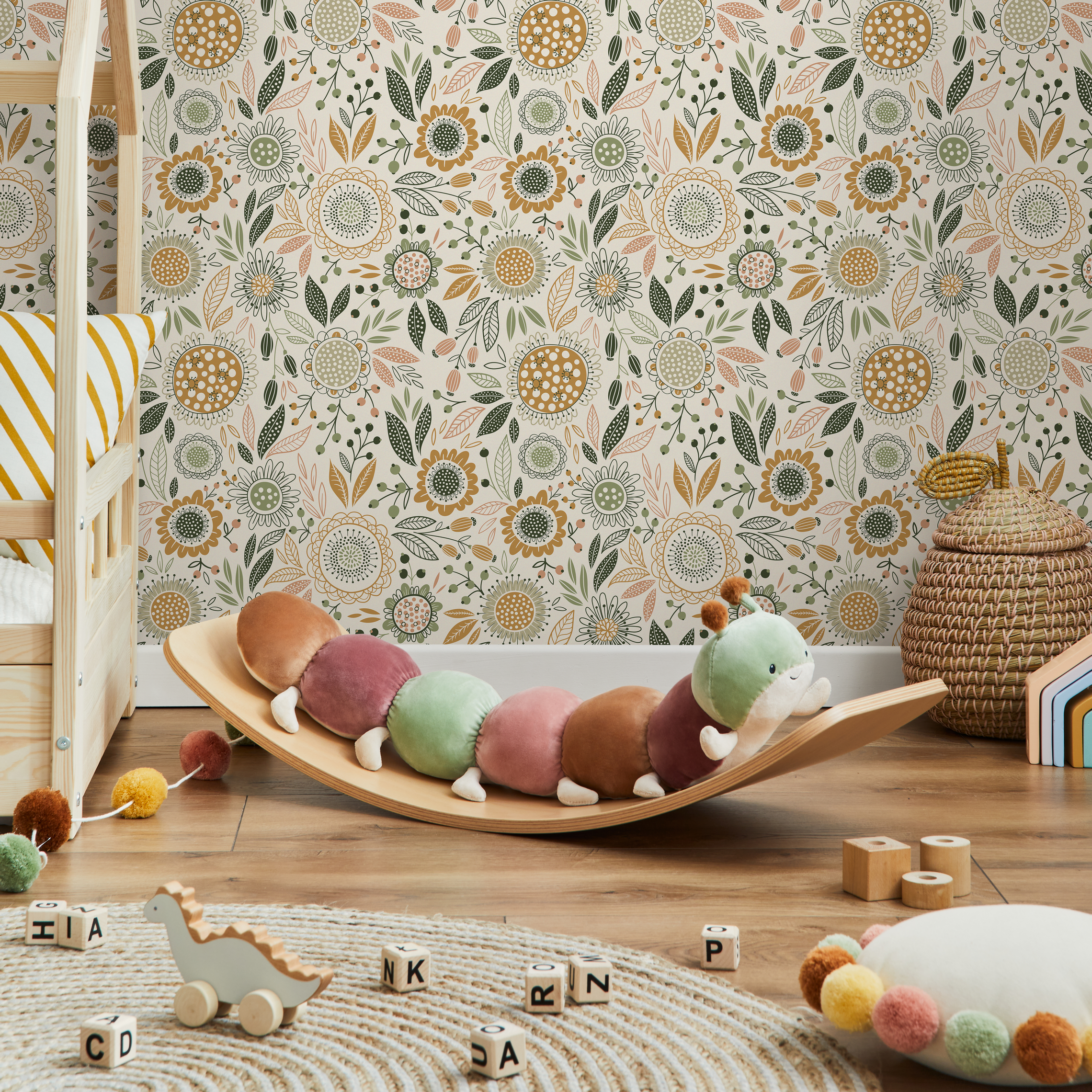 Boho Floral Wallpaper With Stylized Garden Blooms In Green, Ochre, And Pink - D284
