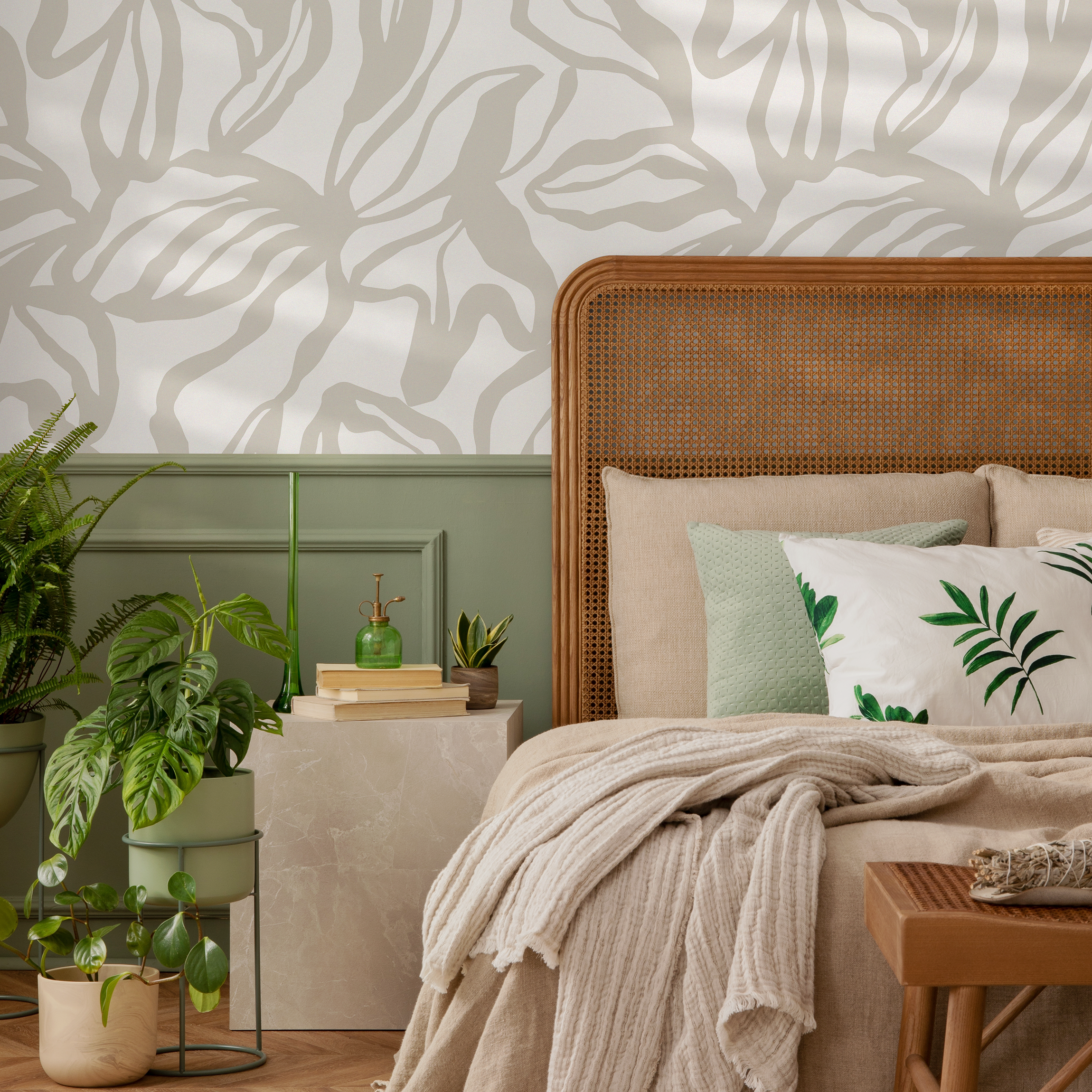 Floral Wallpaper With Large-scale Line Art In Neutral Beige - D286