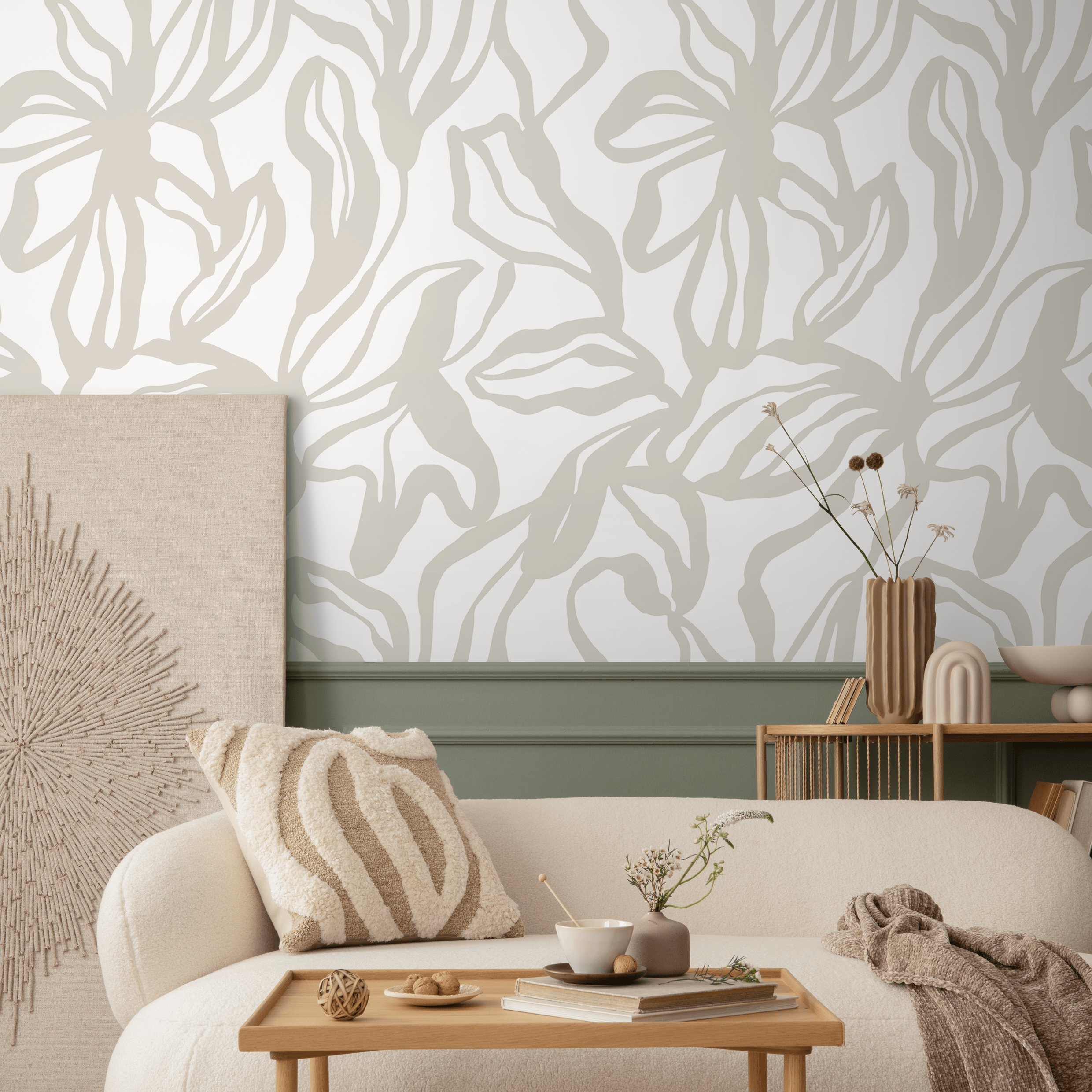 Floral Wallpaper With Large-scale Line Art In Neutral Beige - D286