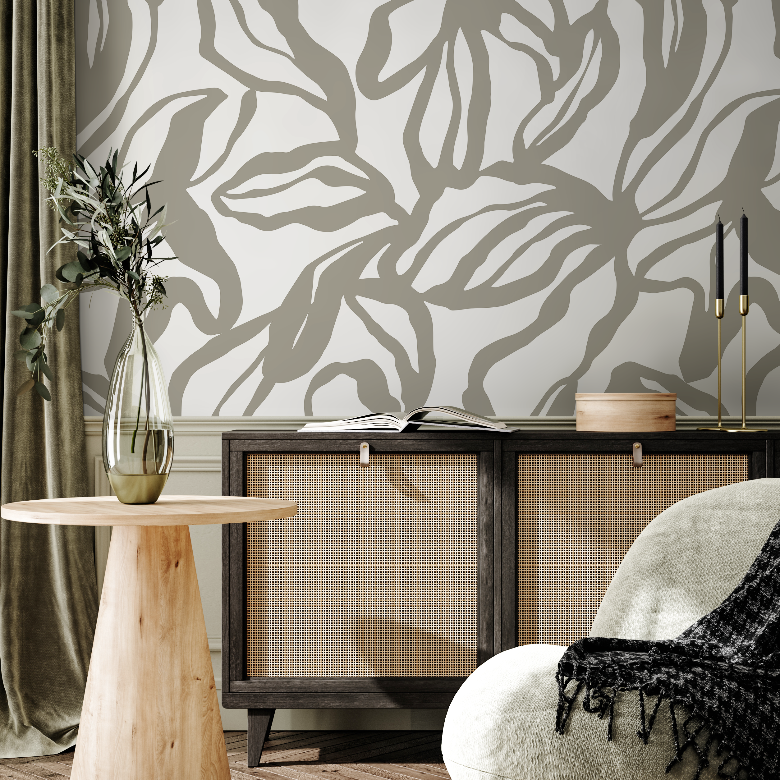 Abstract Floral Wallpaper With A Bold Line Art Motif In Gray - D287