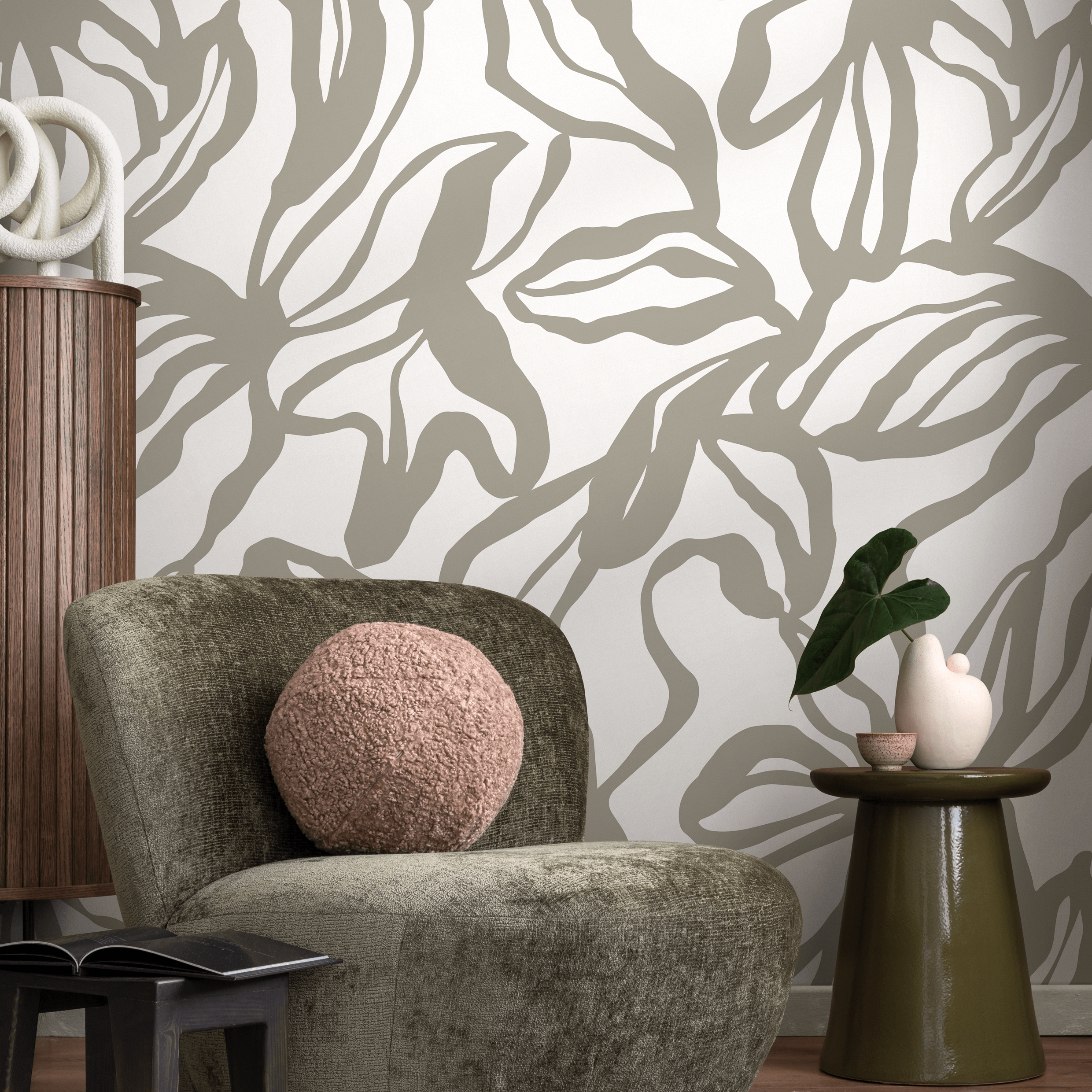 Abstract Floral Wallpaper With A Bold Line Art Motif In Gray - D287