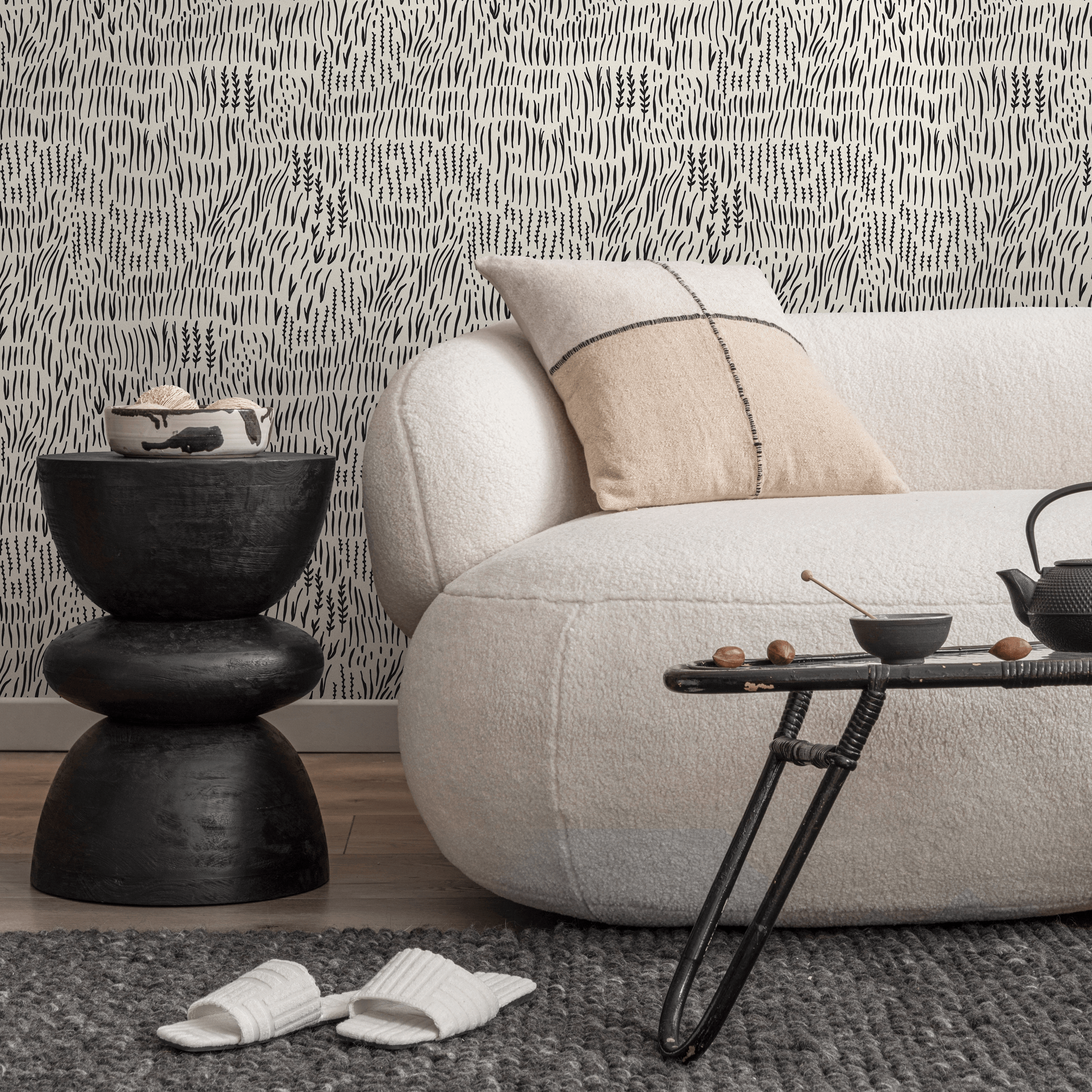 Abstract Wallpaper With A Hand-drawn Botanical Motif In Black - D289