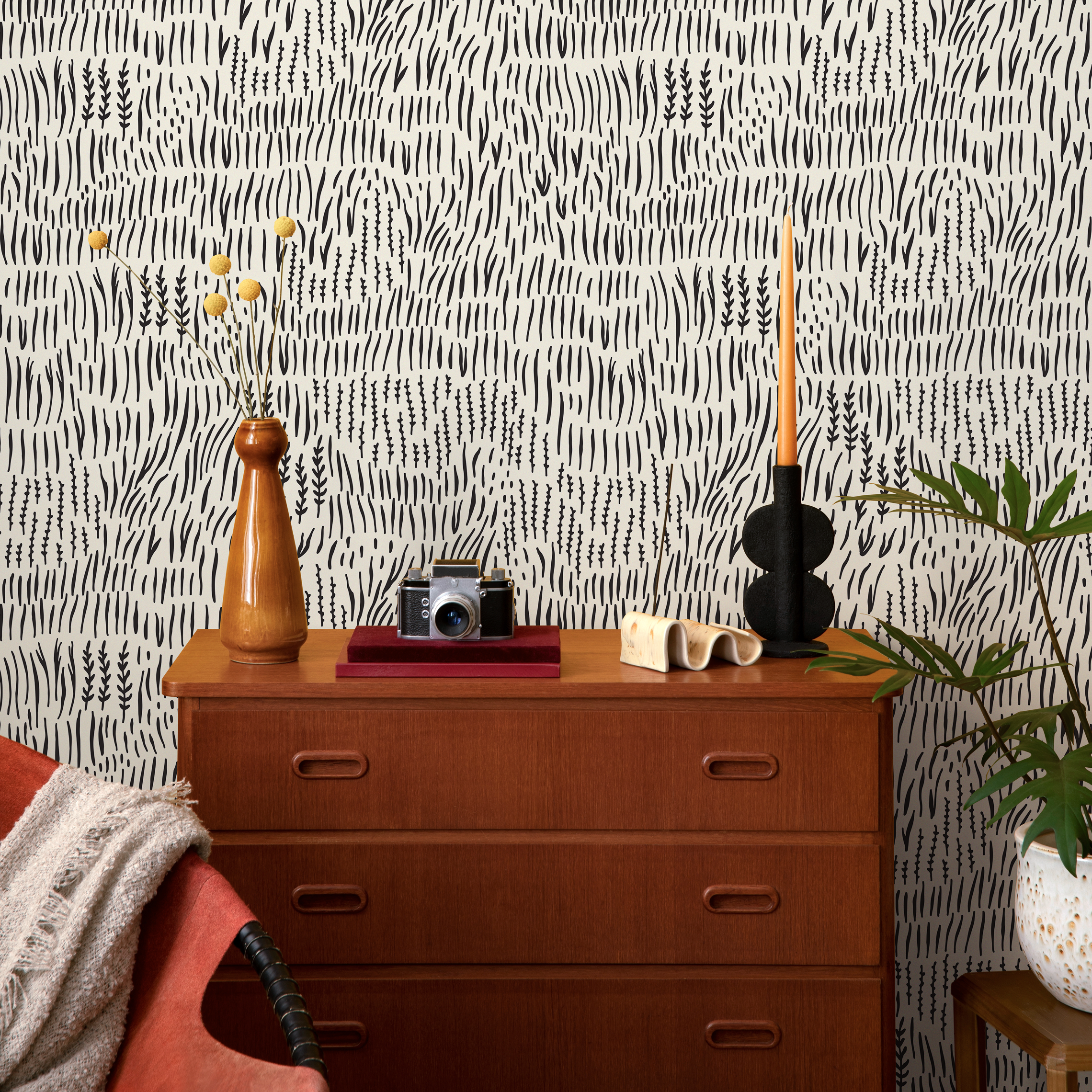 Abstract Wallpaper With A Hand-drawn Botanical Motif In Black - D289