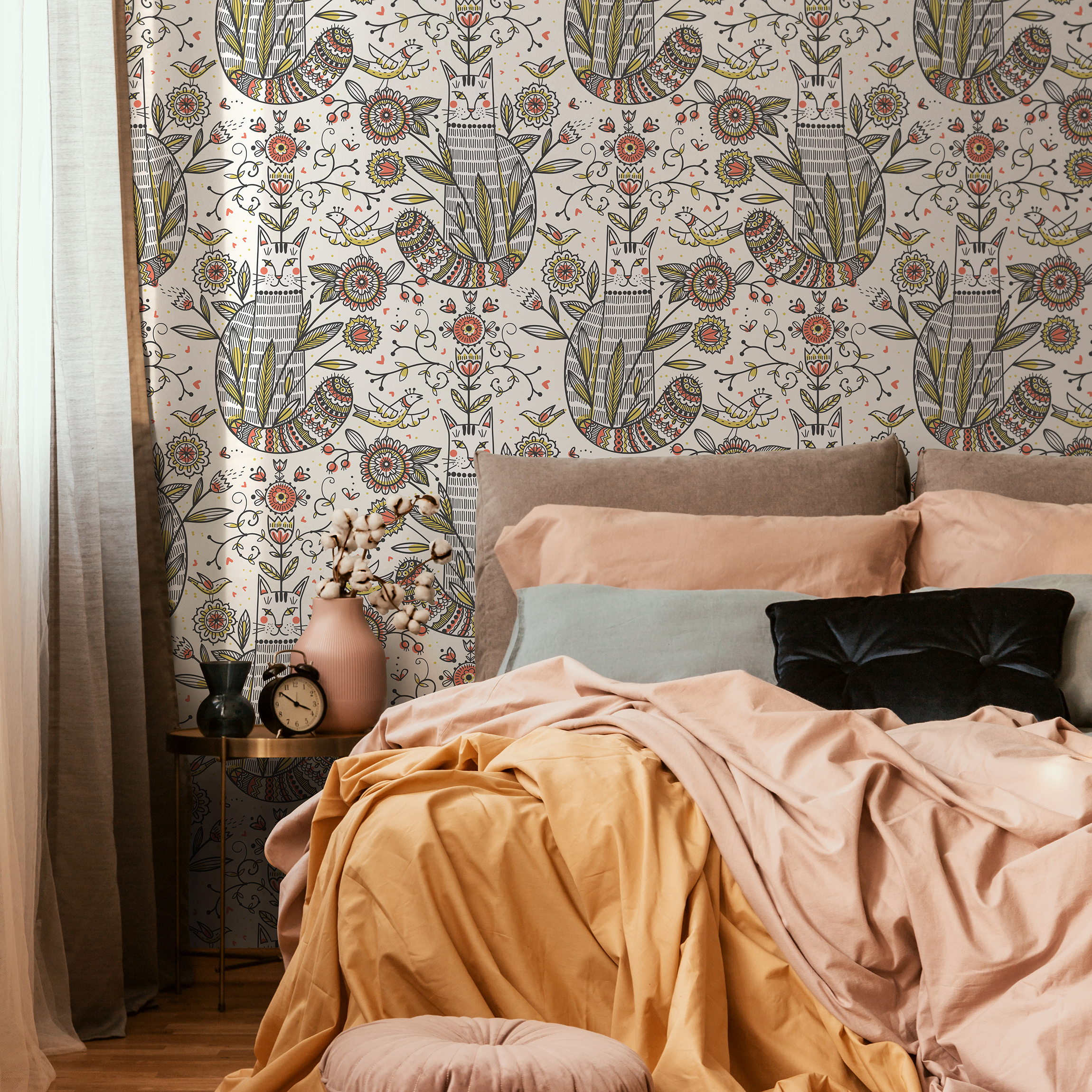 Folk Art Wallpaper With Illustrated Cats And Birds In Red, Green, And Black - D293