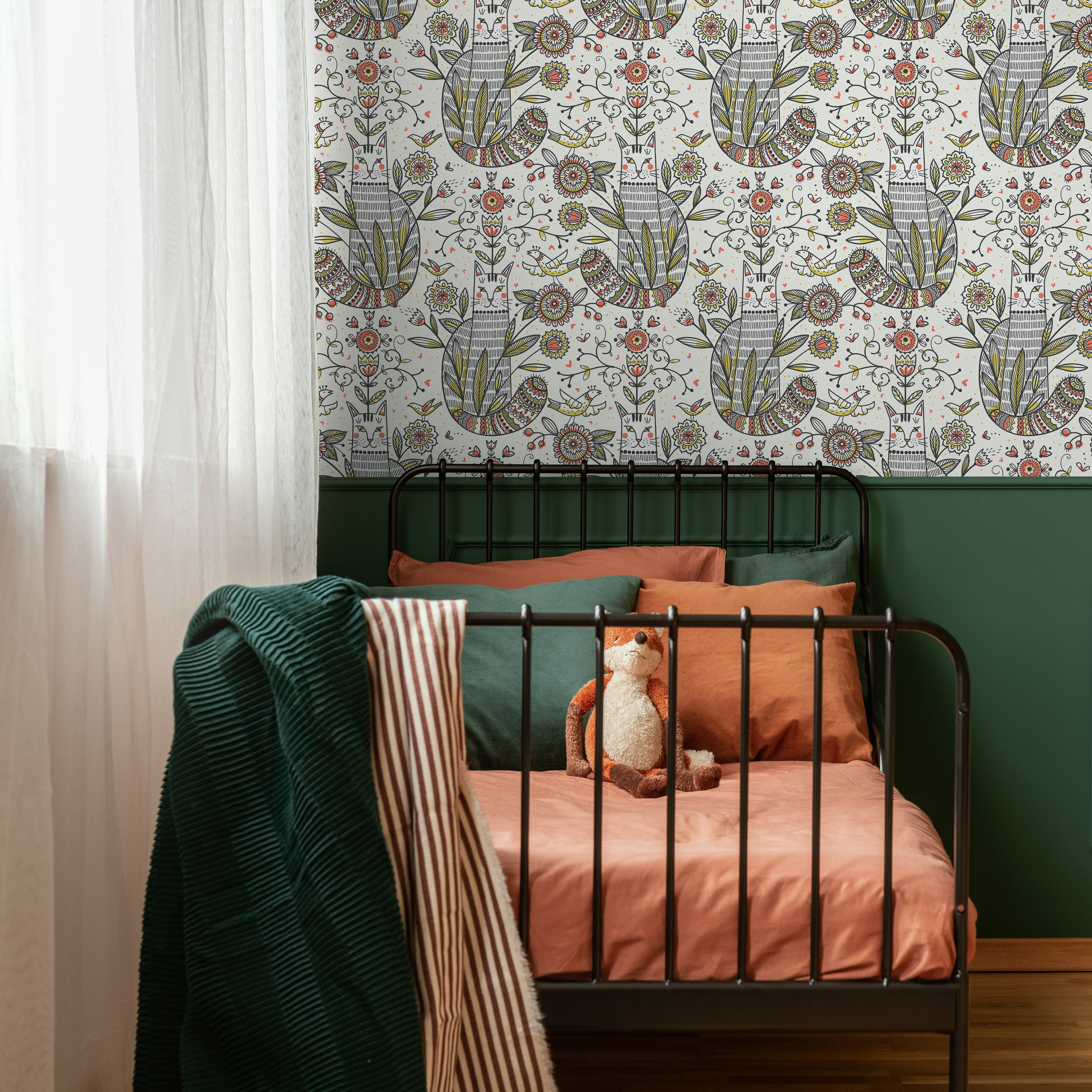 Folk Art Wallpaper With Illustrated Cats And Birds In Red, Green, And Black - D293