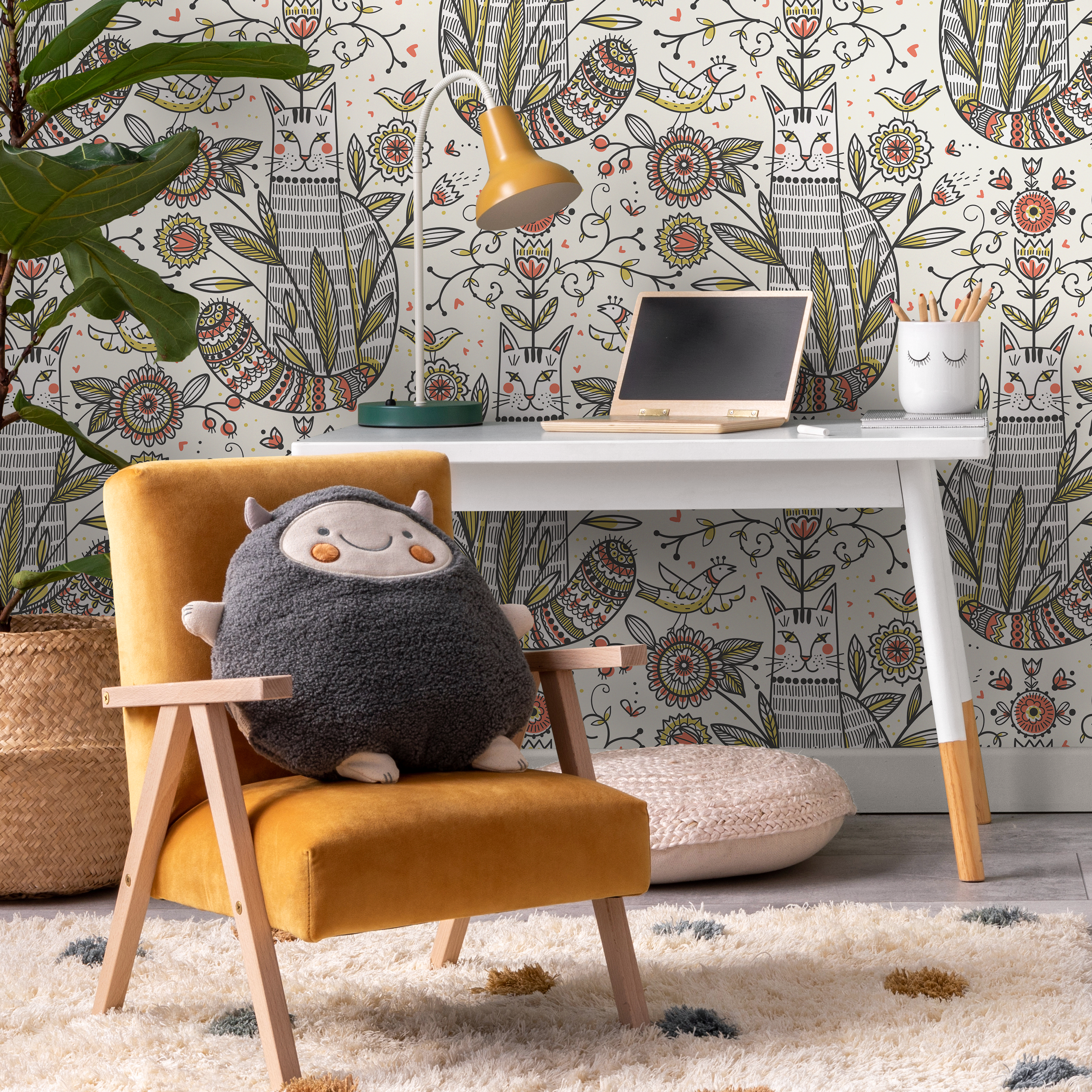 Folk Art Wallpaper With Illustrated Cats And Birds In Red, Green, And Black - D293