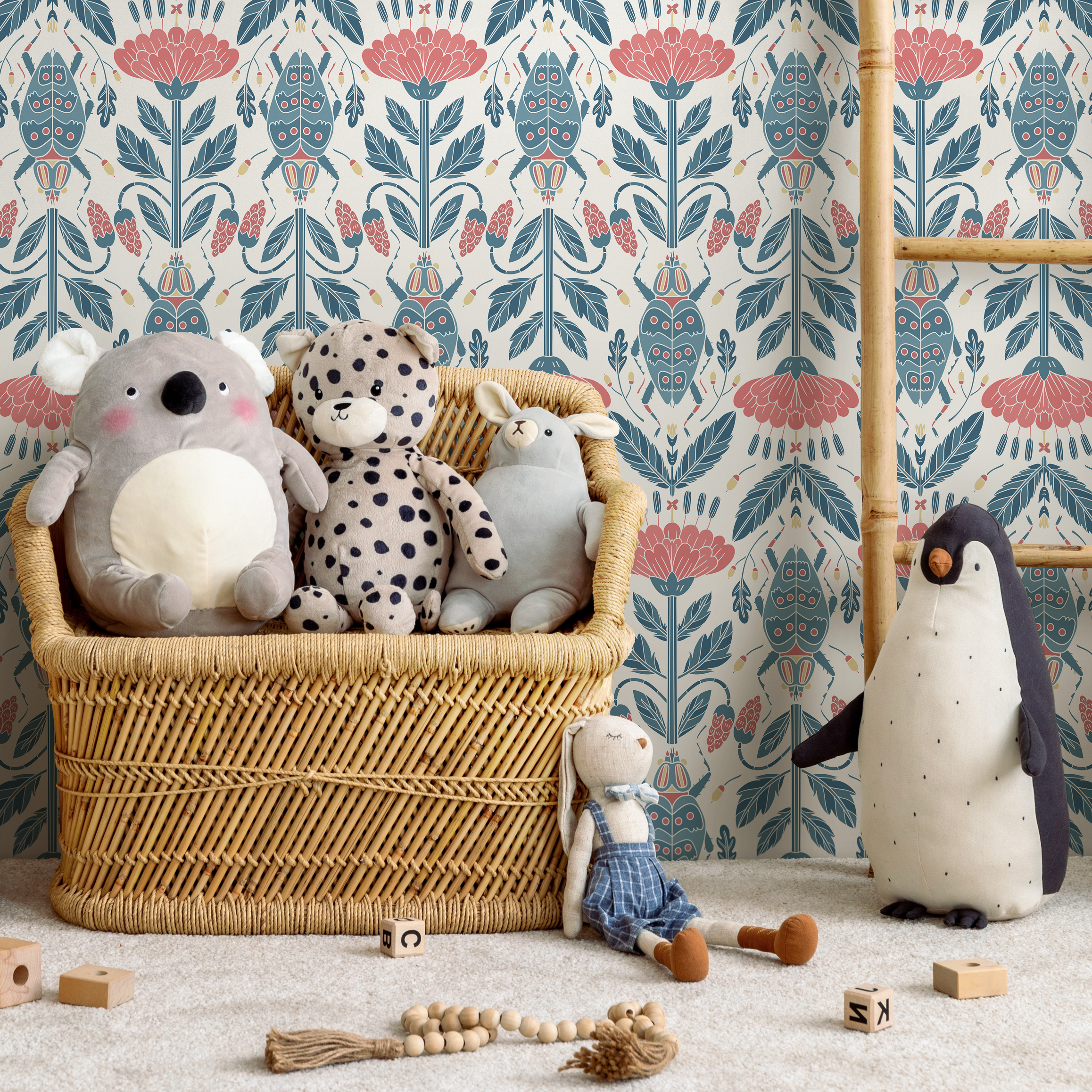 Botanical Wallpaper Featuring Stylized Beetles And Flowers In Pink And Blue - D297