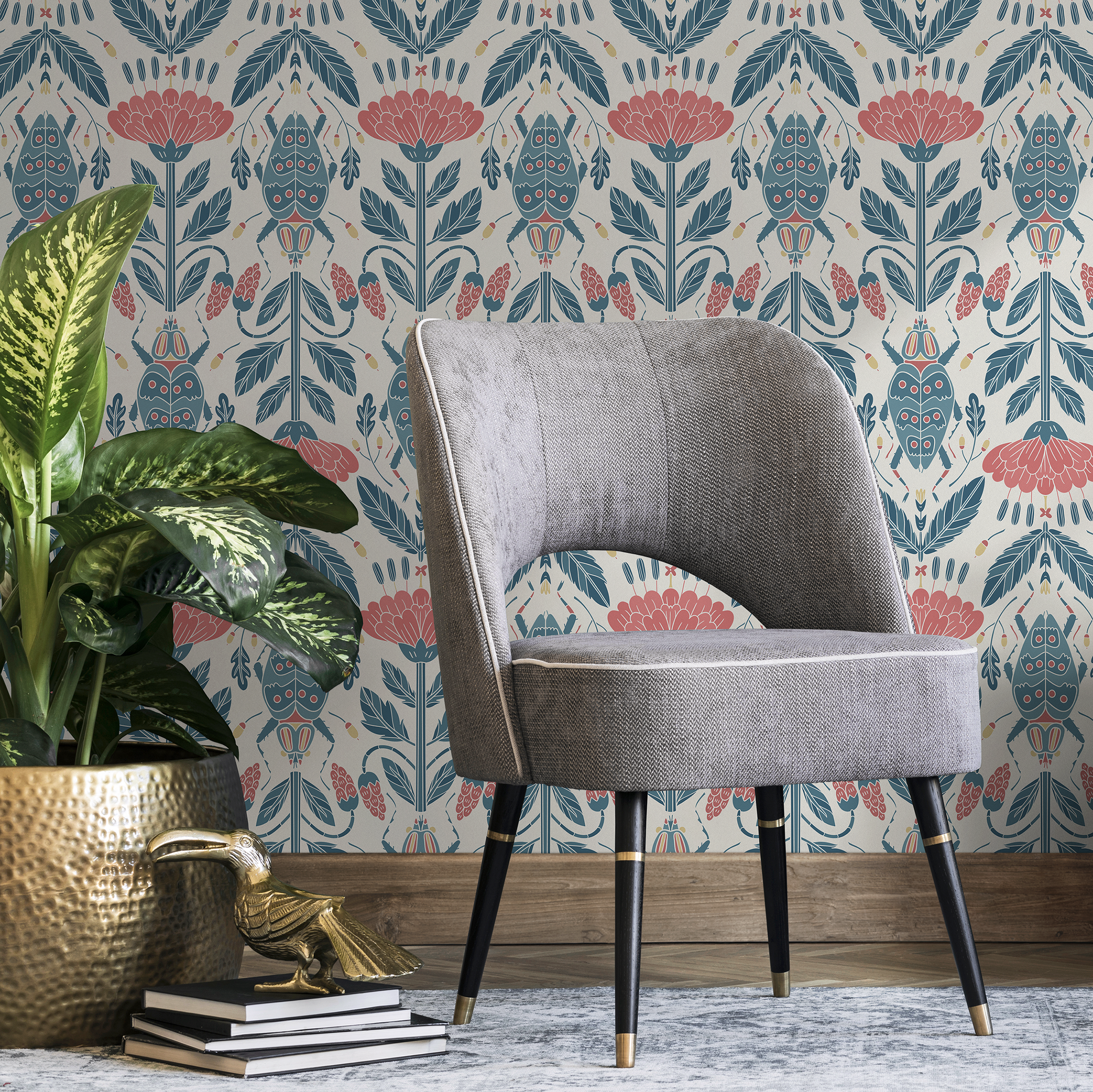 Botanical Wallpaper Featuring Stylized Beetles And Flowers In Pink And Blue - D297