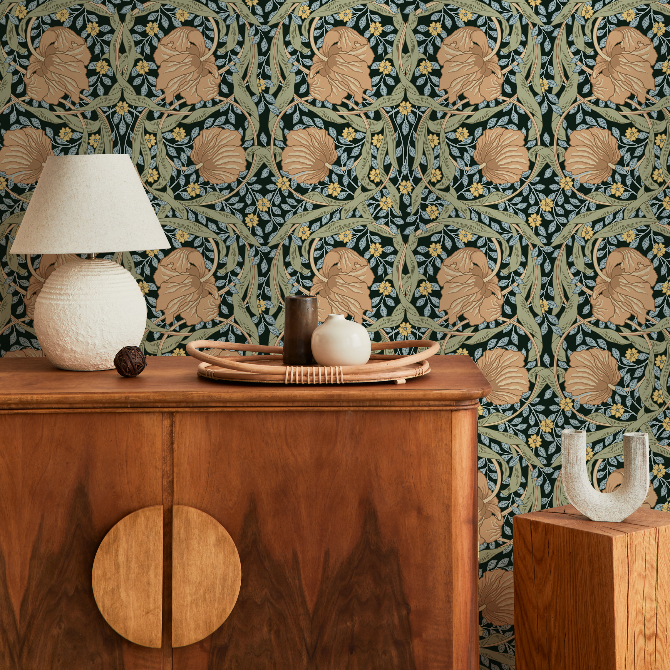 Vintage Wallpaper With An Arts And Crafts Floral Motif In Dark Green, Tan, And Yellow - D301