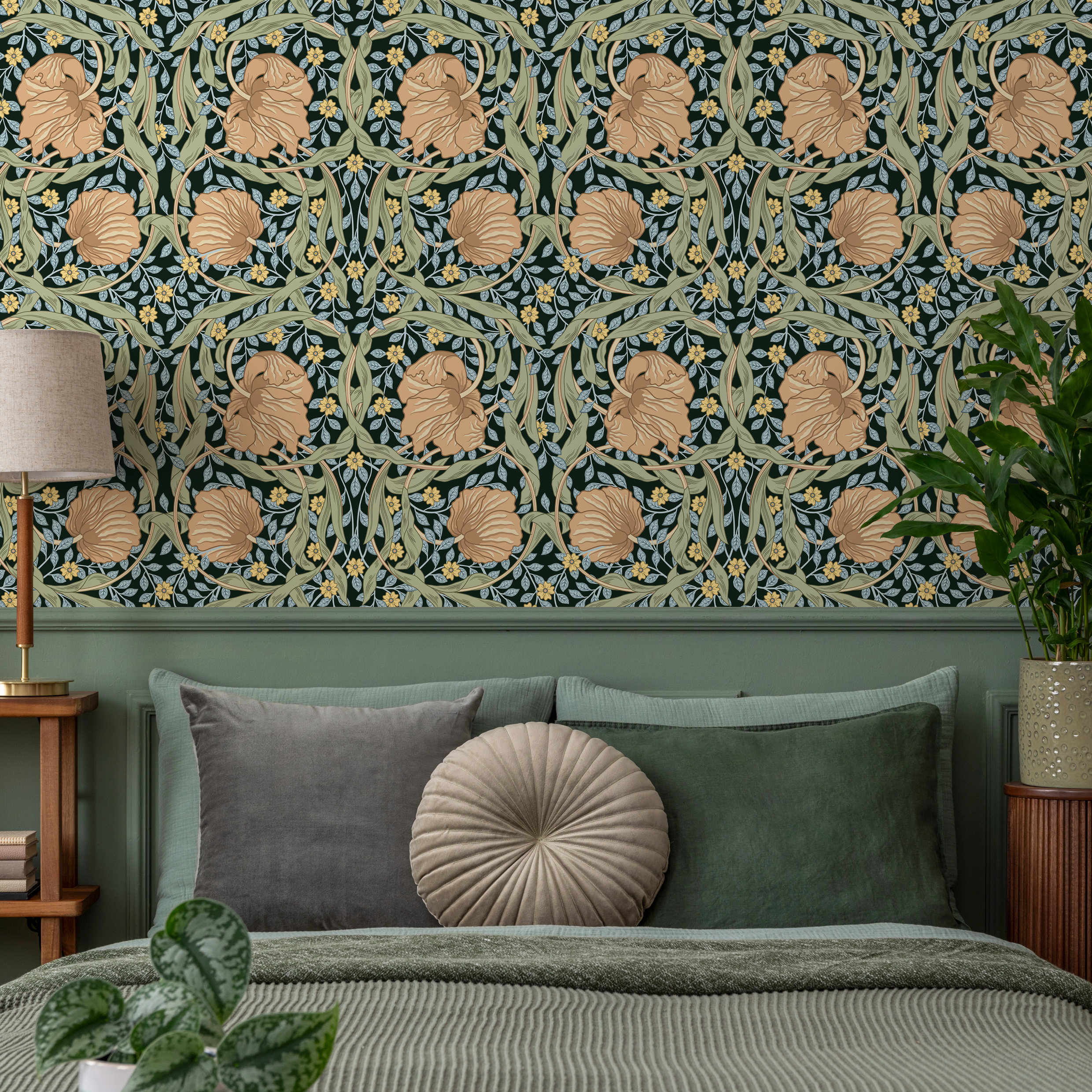 Vintage Wallpaper With An Arts And Crafts Floral Motif In Dark Green, Tan, And Yellow - D301