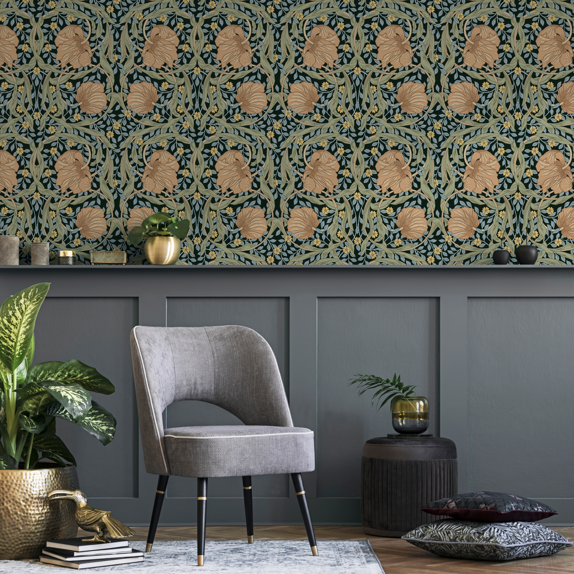 Vintage Wallpaper With An Arts And Crafts Floral Motif In Dark Green, Tan, And Yellow - D301