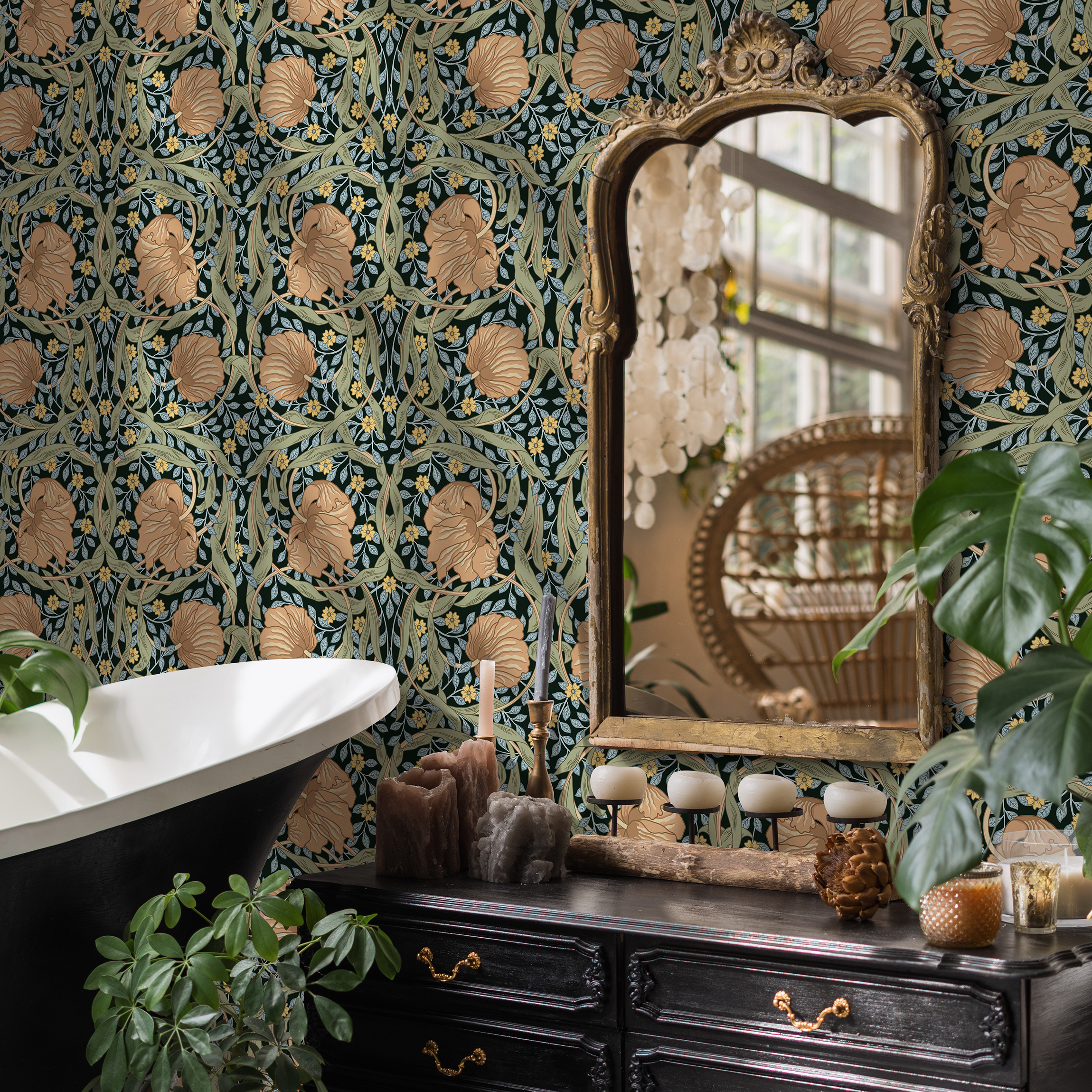Vintage Wallpaper With An Arts And Crafts Floral Motif In Dark Green, Tan, And Yellow - D301
