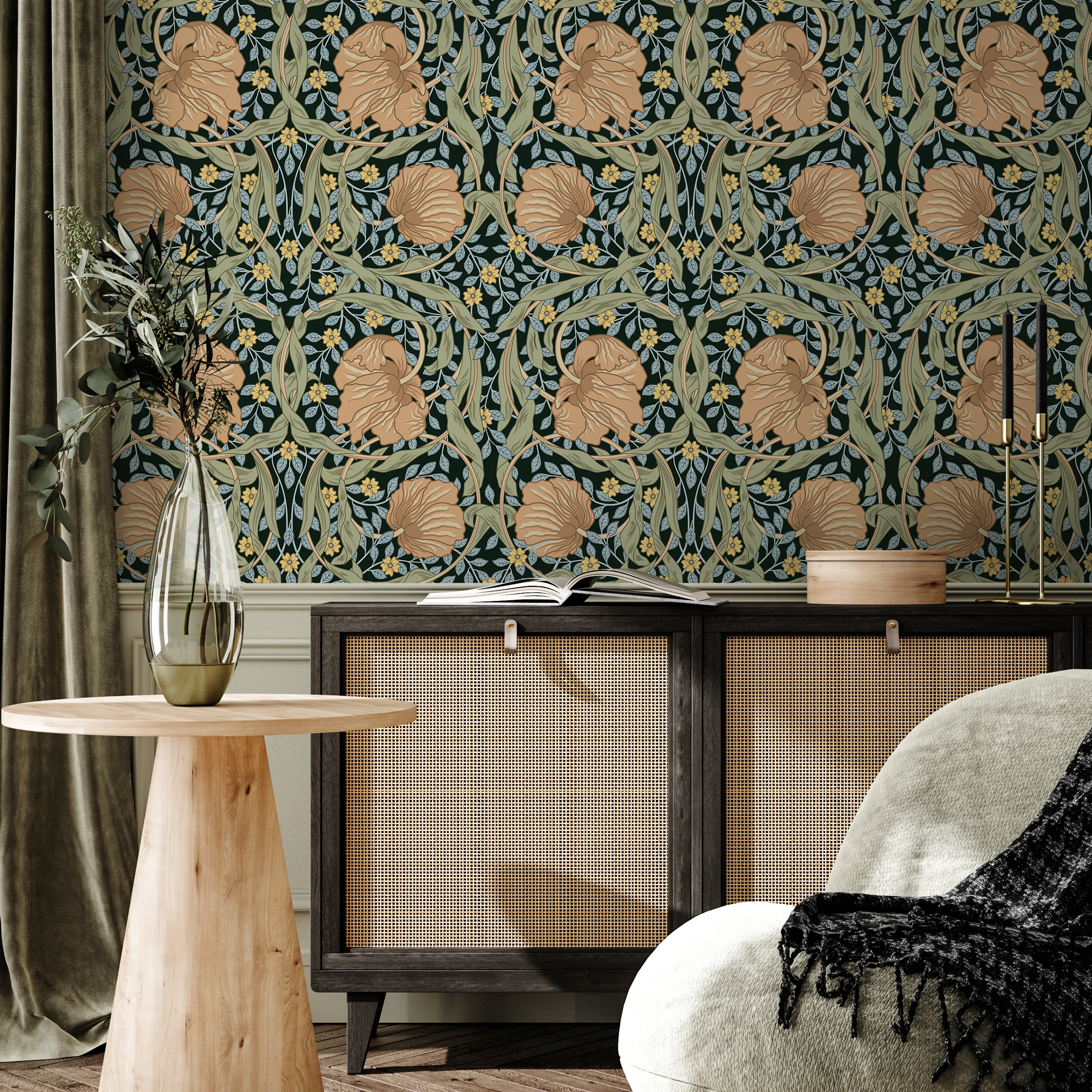 Vintage Wallpaper With An Arts And Crafts Floral Motif In Dark Green, Tan, And Yellow - D301