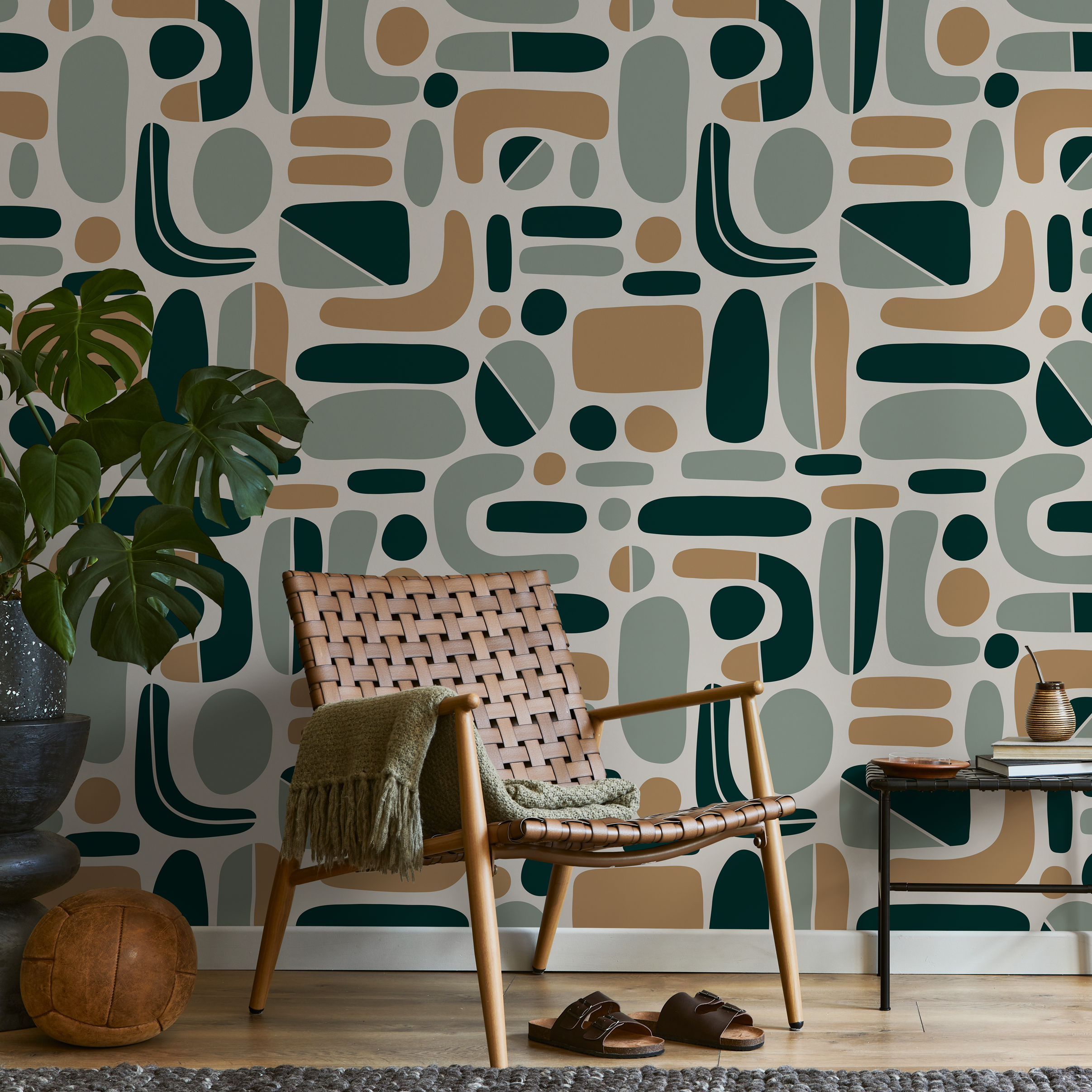 Abstract Wallpaper With Mid-century Modern Shapes In Dark Green, Sage, And Tan - D303