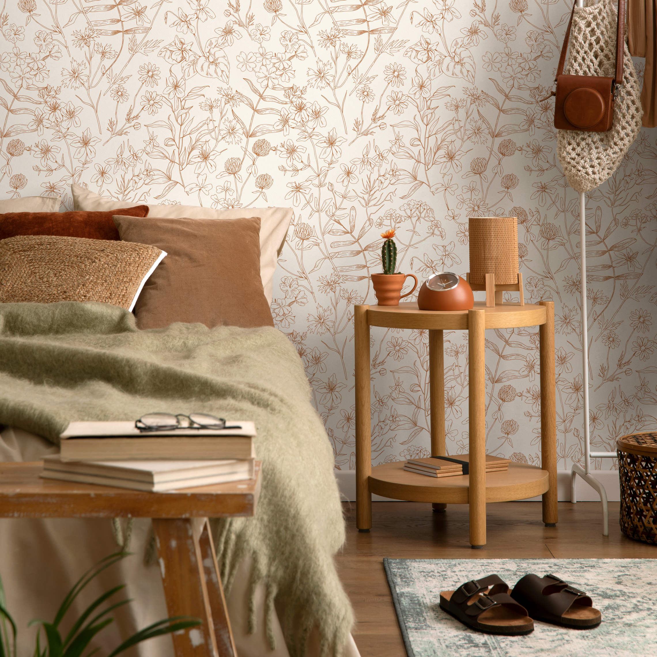 Wildflower Wallpaper With A Delicate Line Art Motif In Brown And Beige - D305
