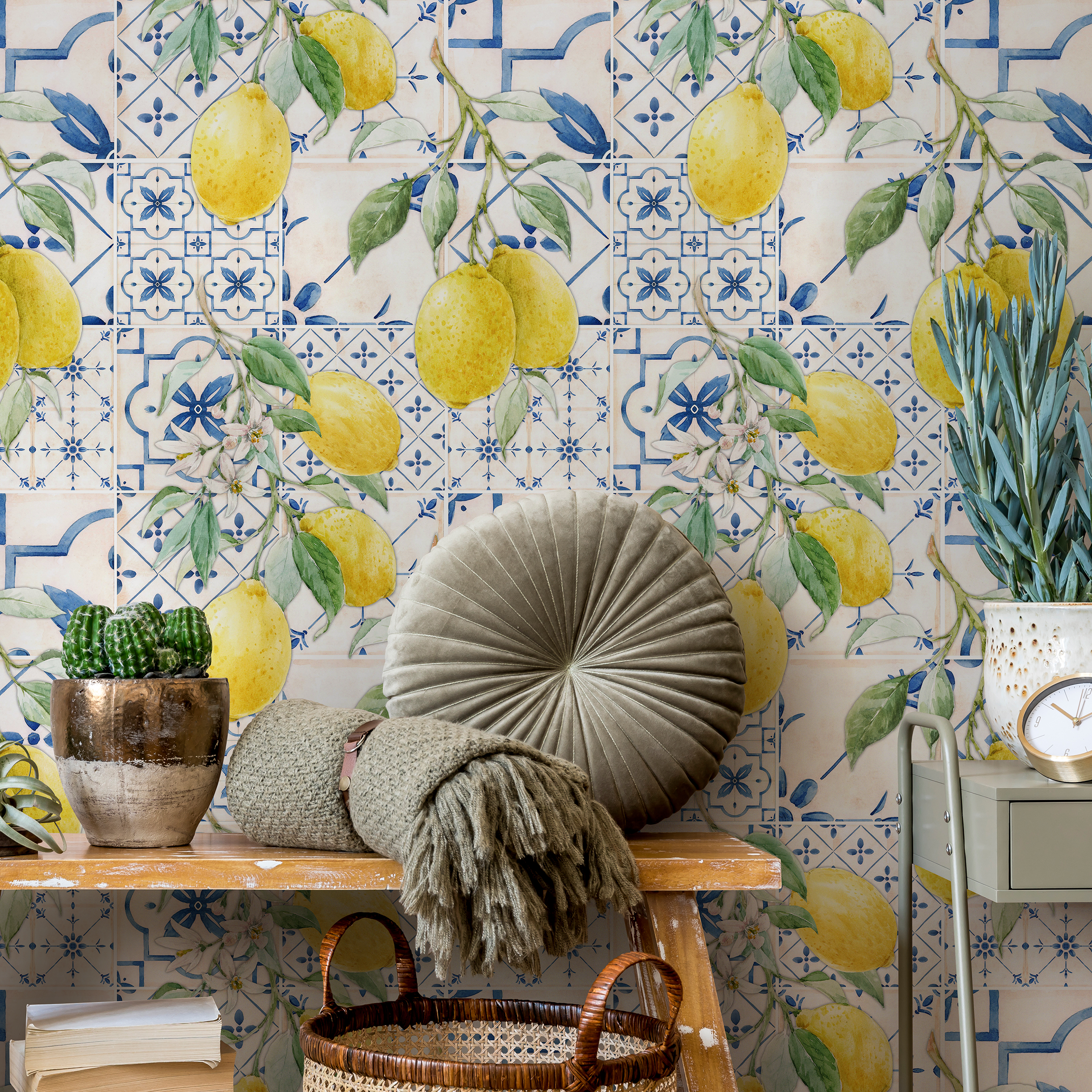 Tile Wallpaper With A Lemon Branch Motif In Blue, Yellow, And Green - D309