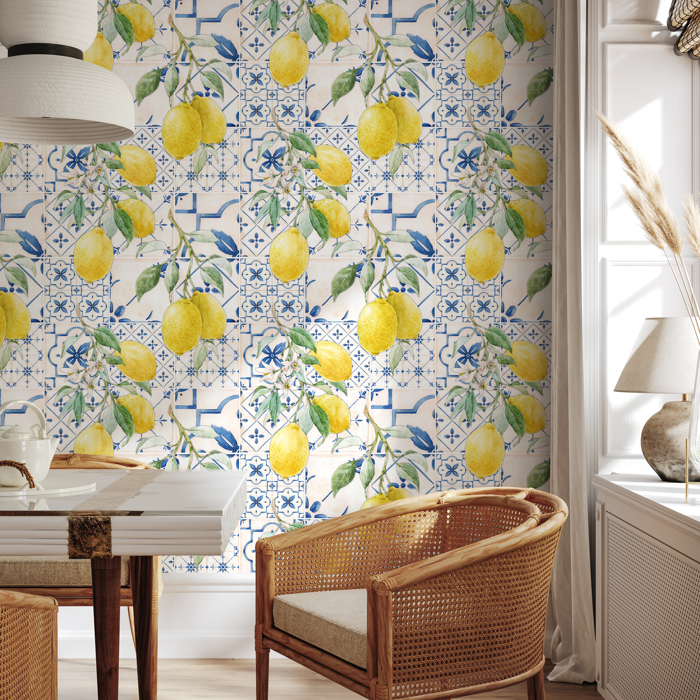 Tile Wallpaper With A Lemon Branch Motif In Blue, Yellow, And Green - D309