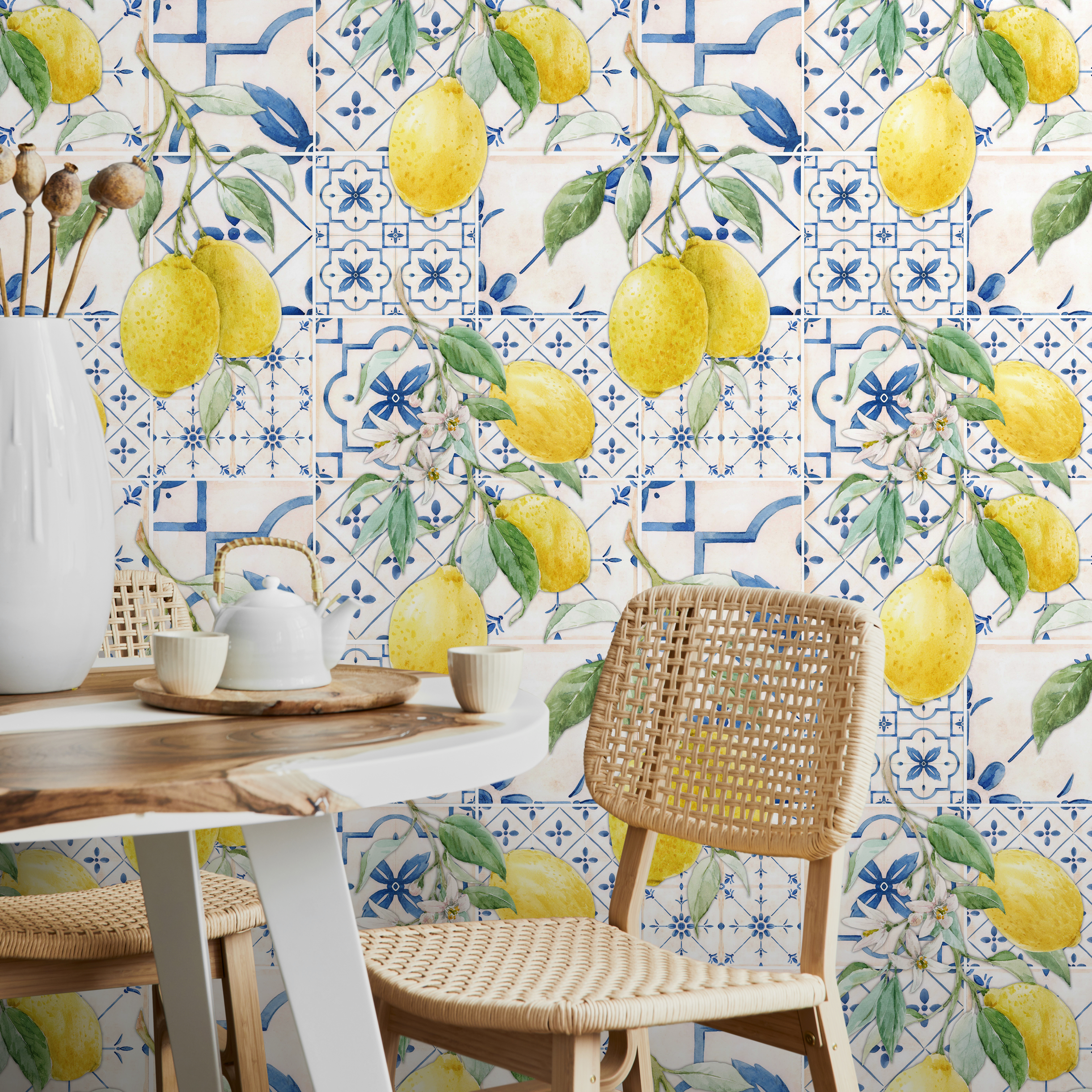 Tile Wallpaper With A Lemon Branch Motif In Blue, Yellow, And Green - D309