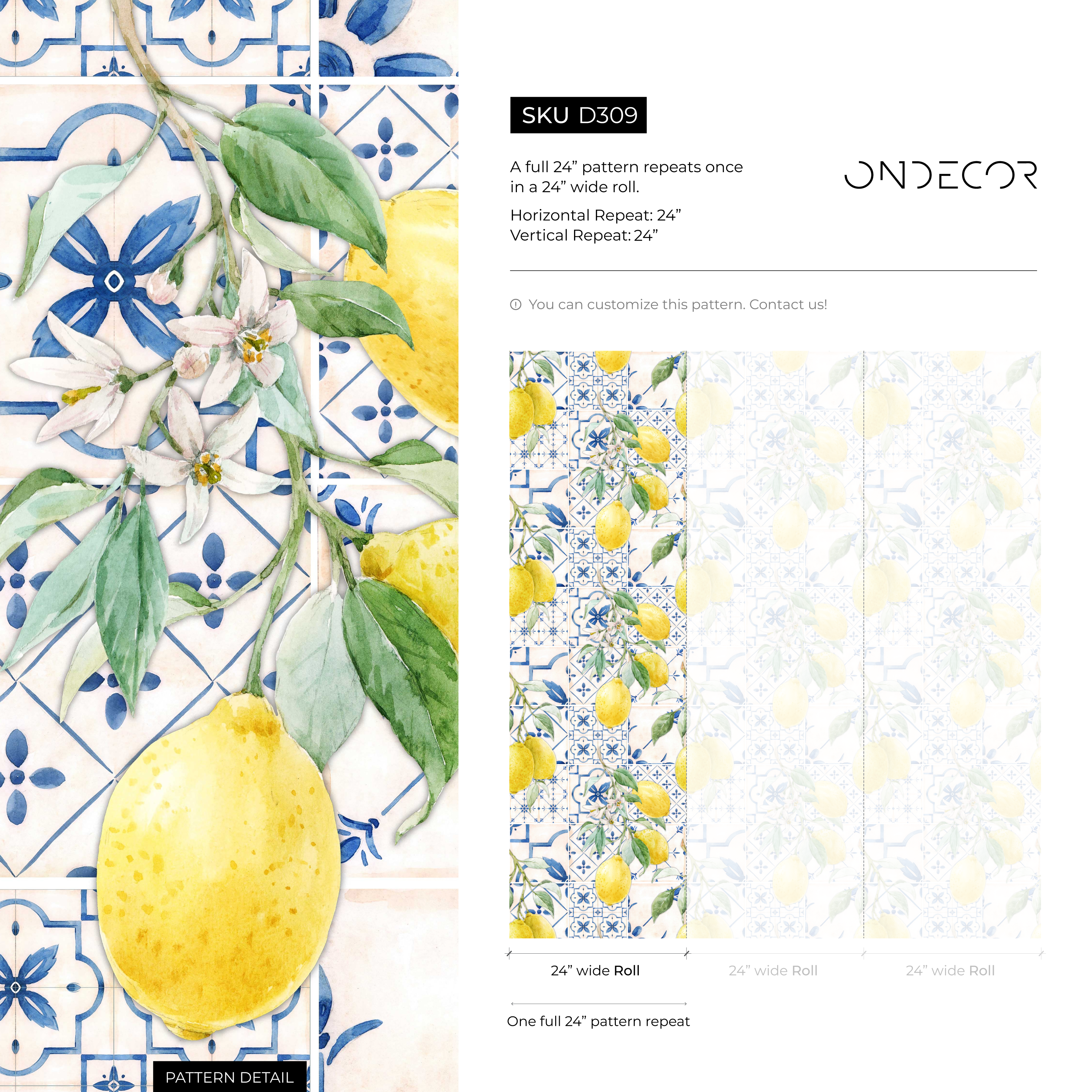 Tile Wallpaper With A Lemon Branch Motif In Blue, Yellow, And Green - D309