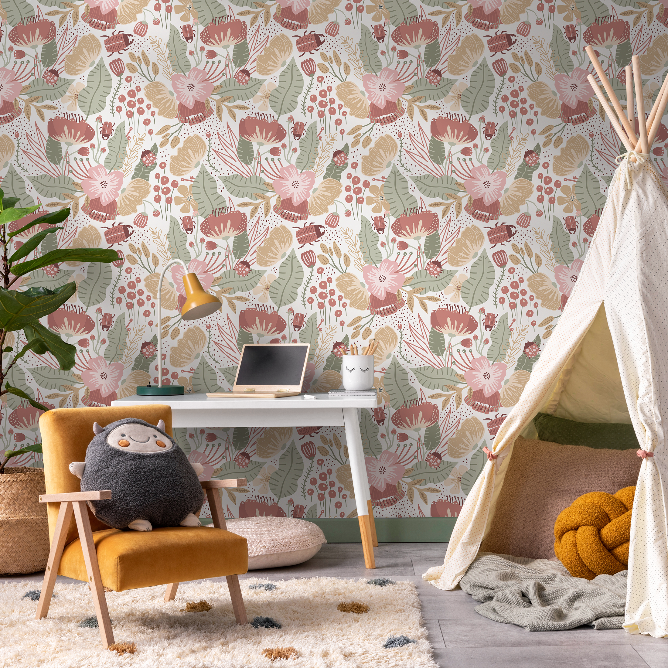 Boho Wallpaper With Stylized Flowers And Beetles In Pink, Green, And Terracotta - D312