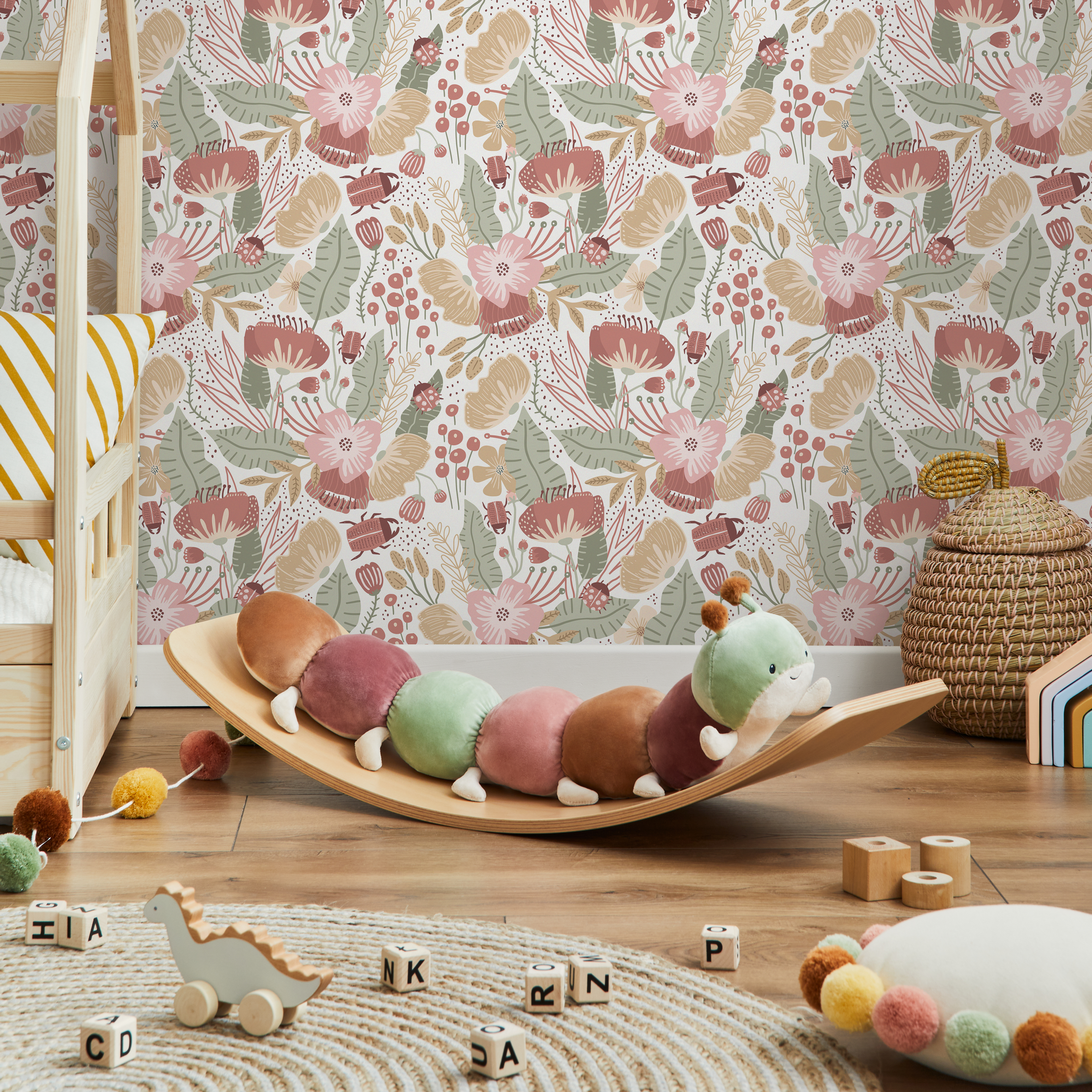 Boho Wallpaper With Stylized Flowers And Beetles In Pink, Green, And Terracotta - D312