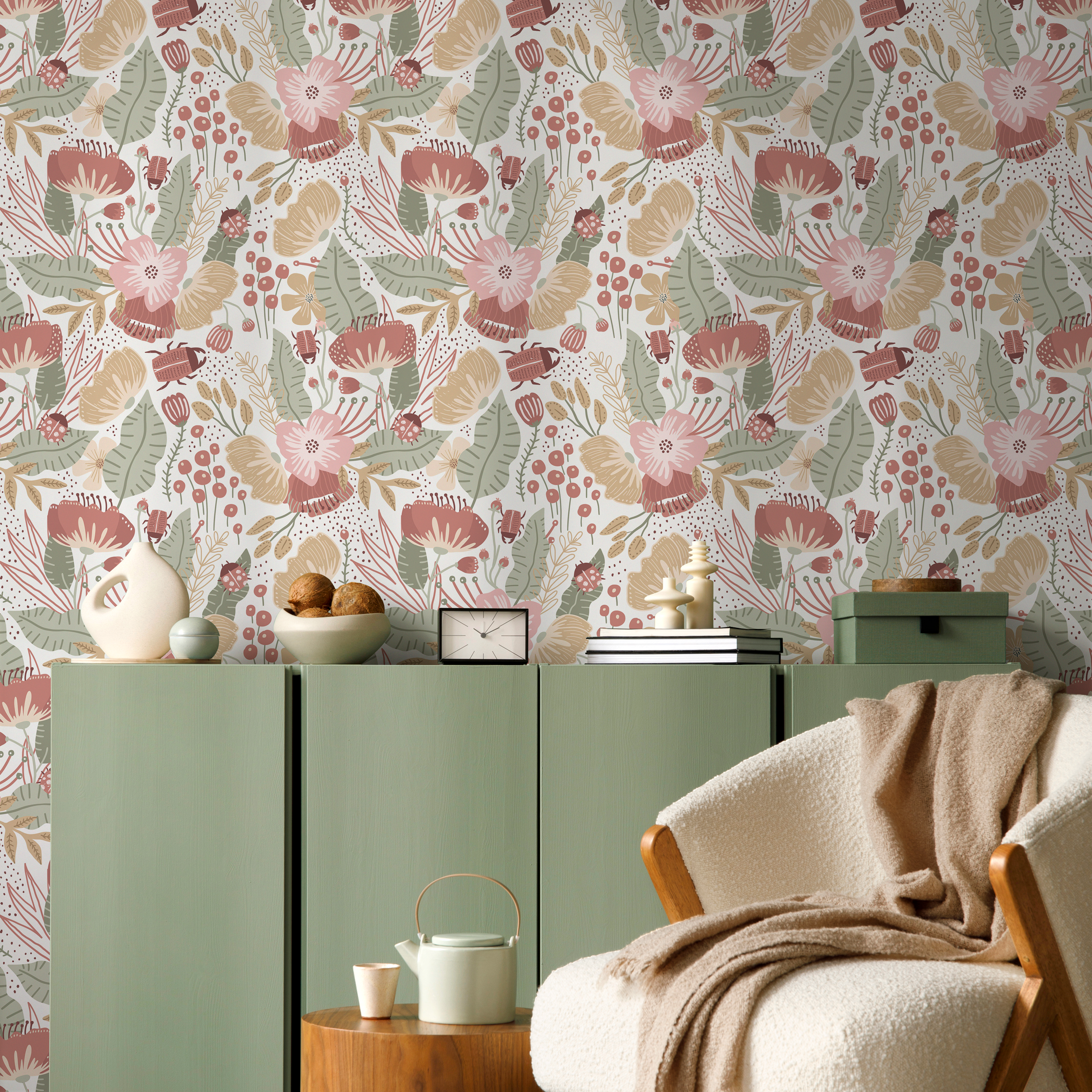 Boho Wallpaper With Stylized Flowers And Beetles In Pink, Green, And Terracotta - D312