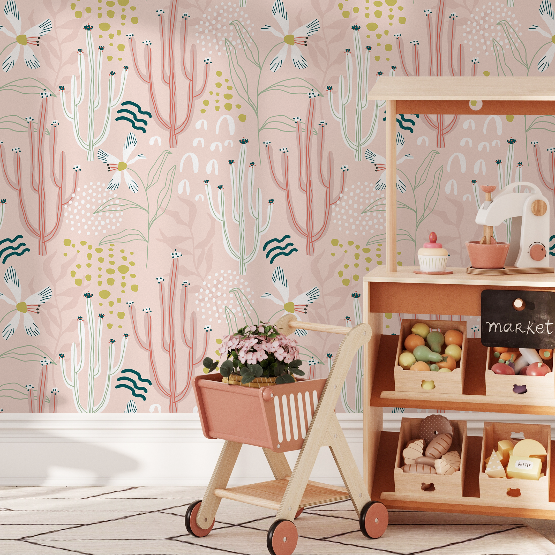 Cactus Wallpaper With Whimsical Desert Flowers In Pink, Green, And White - D313