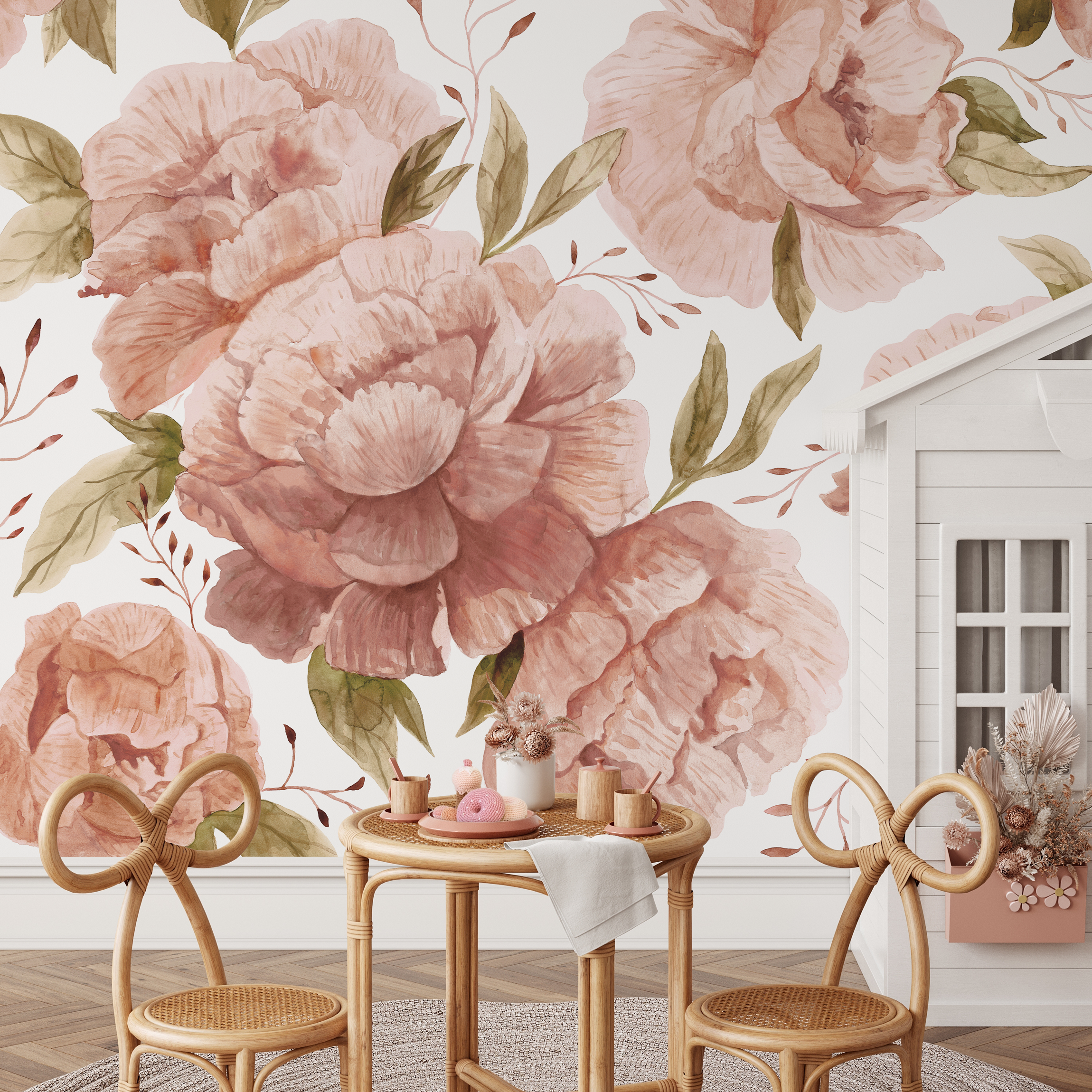 Floral Wallpaper With Large Watercolor Roses In Pink And Green - D322