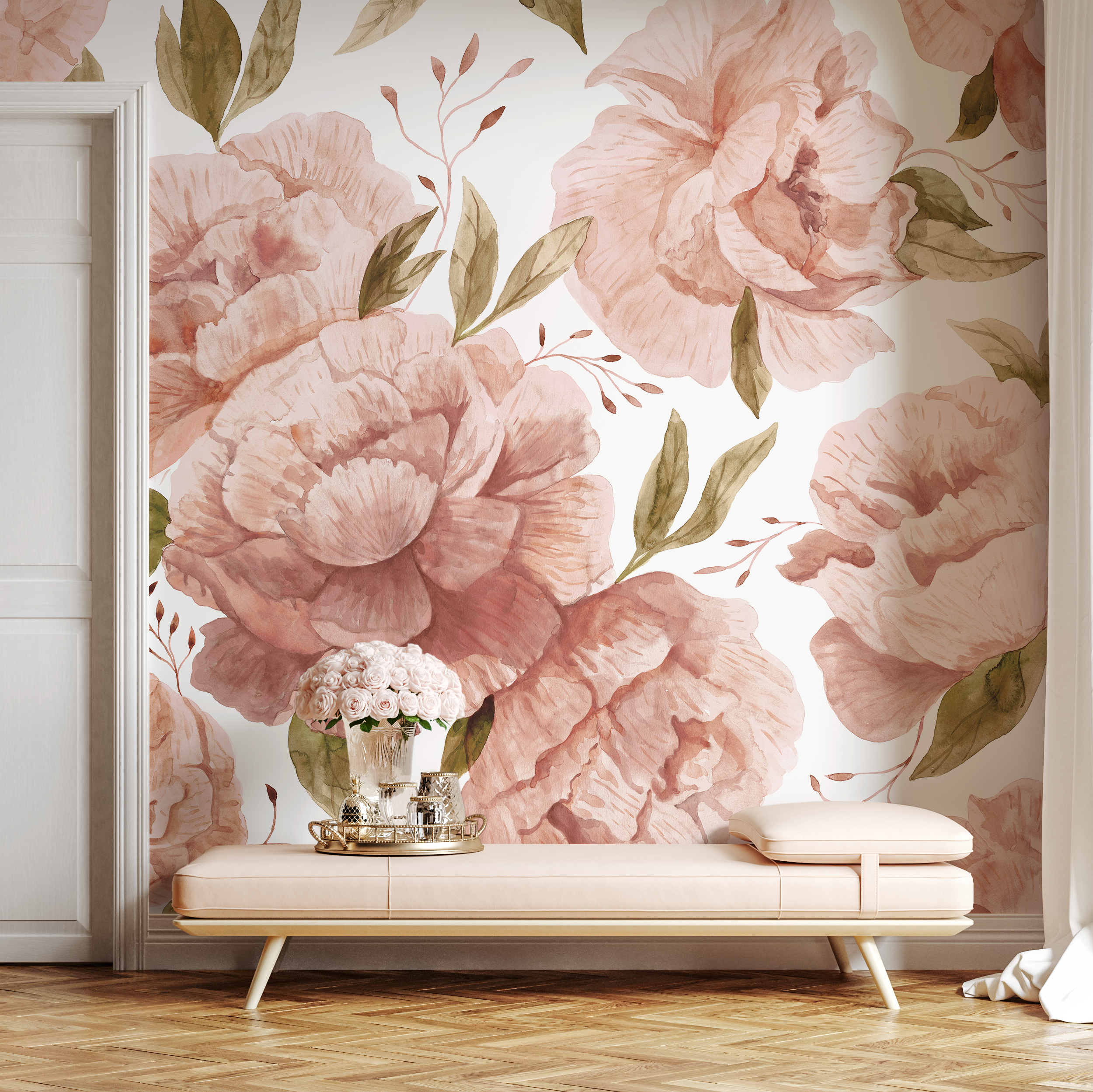 Floral Wallpaper With Large Watercolor Roses In Pink And Green - D322