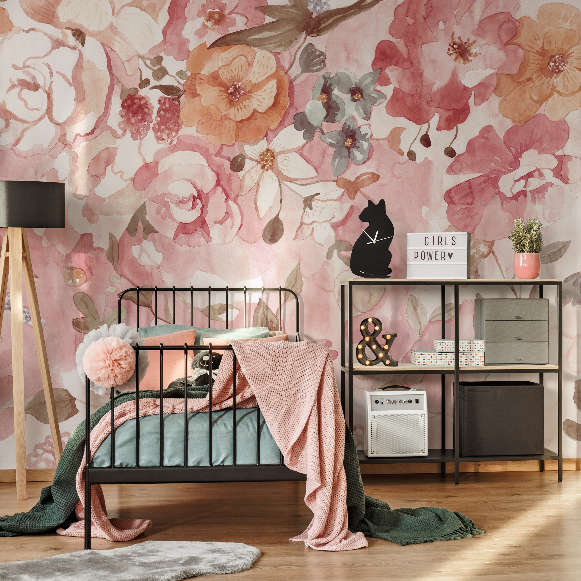 Floral Wallpaper With Watercolor Peonies And Roses In Pink And Orange - D326