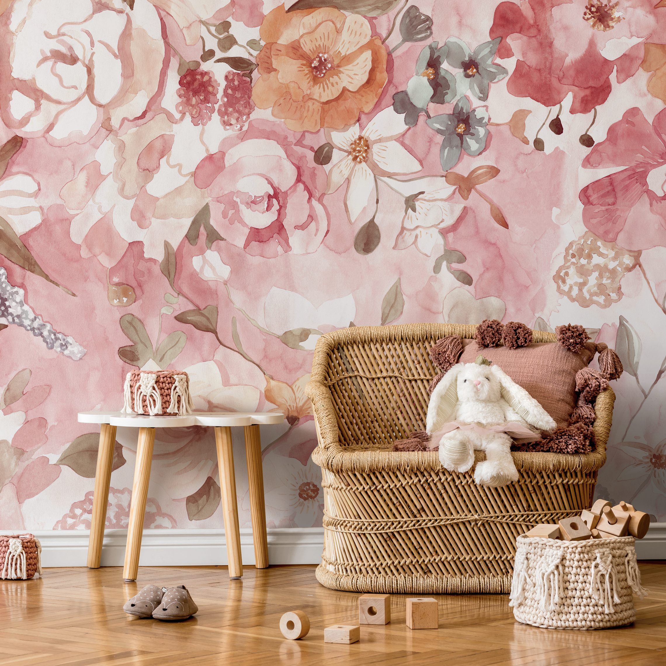 Floral Wallpaper With Watercolor Peonies And Roses In Pink And Orange - D326