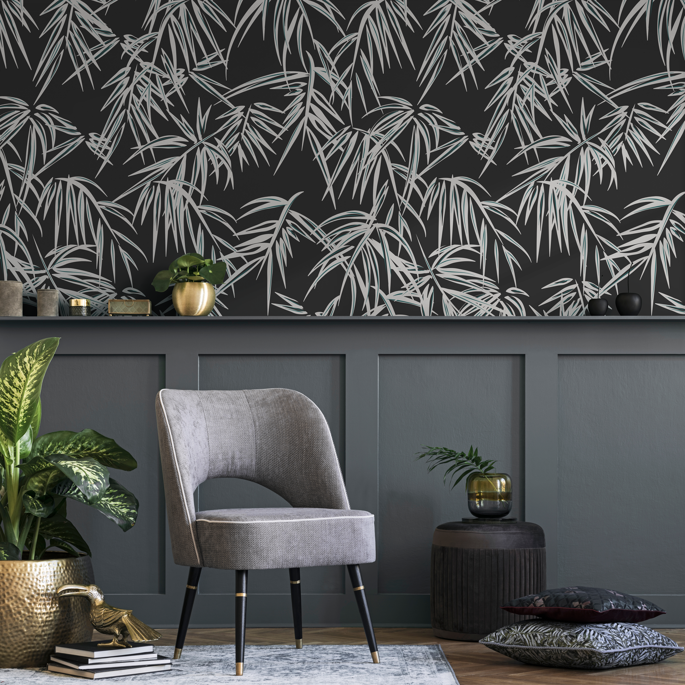 Botanical Wallpaper With A Stylized Palm Leaf Motif In Black And Gray - D336