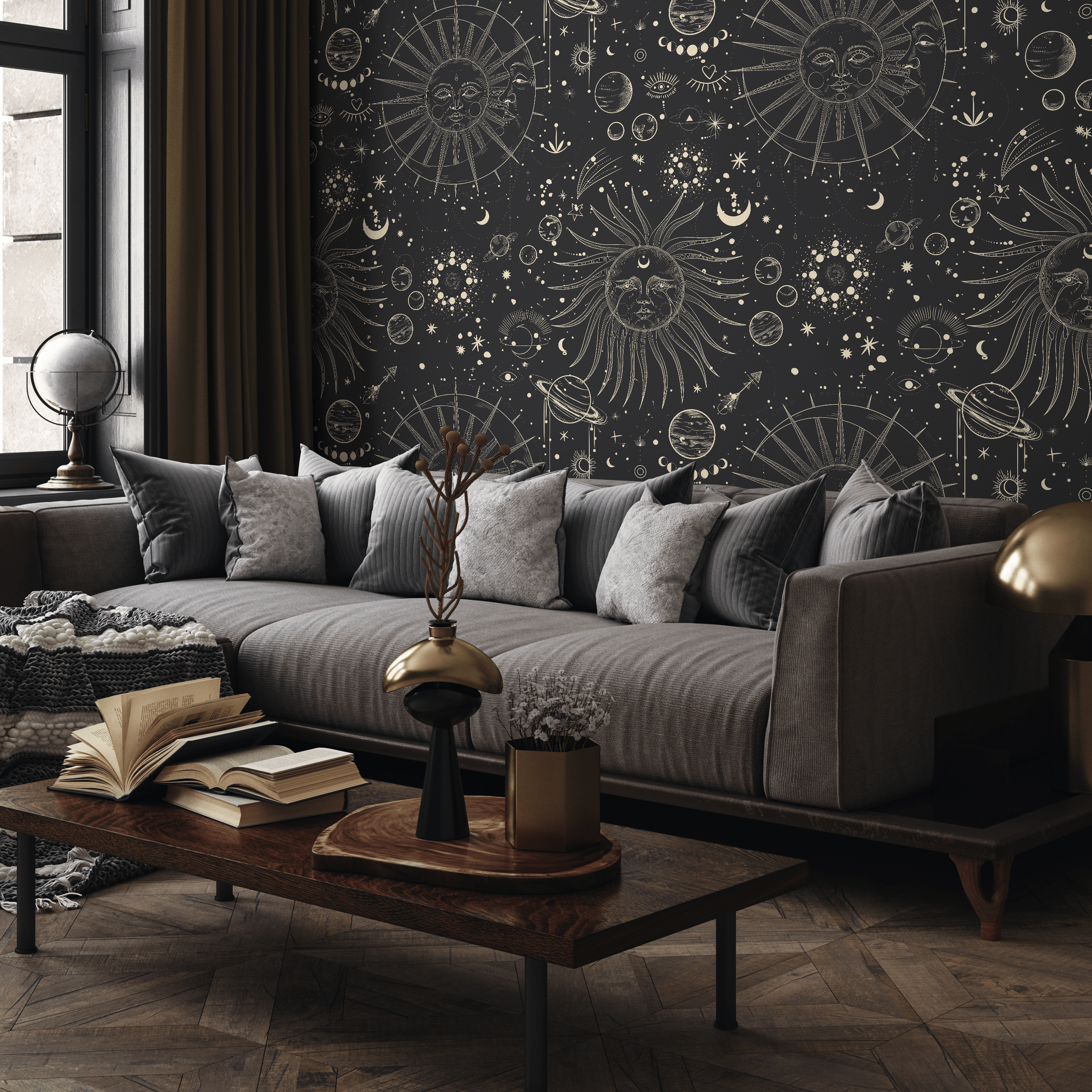 Celestial Wallpaper With Sun And Moon Motifs In Black And Gold - D342