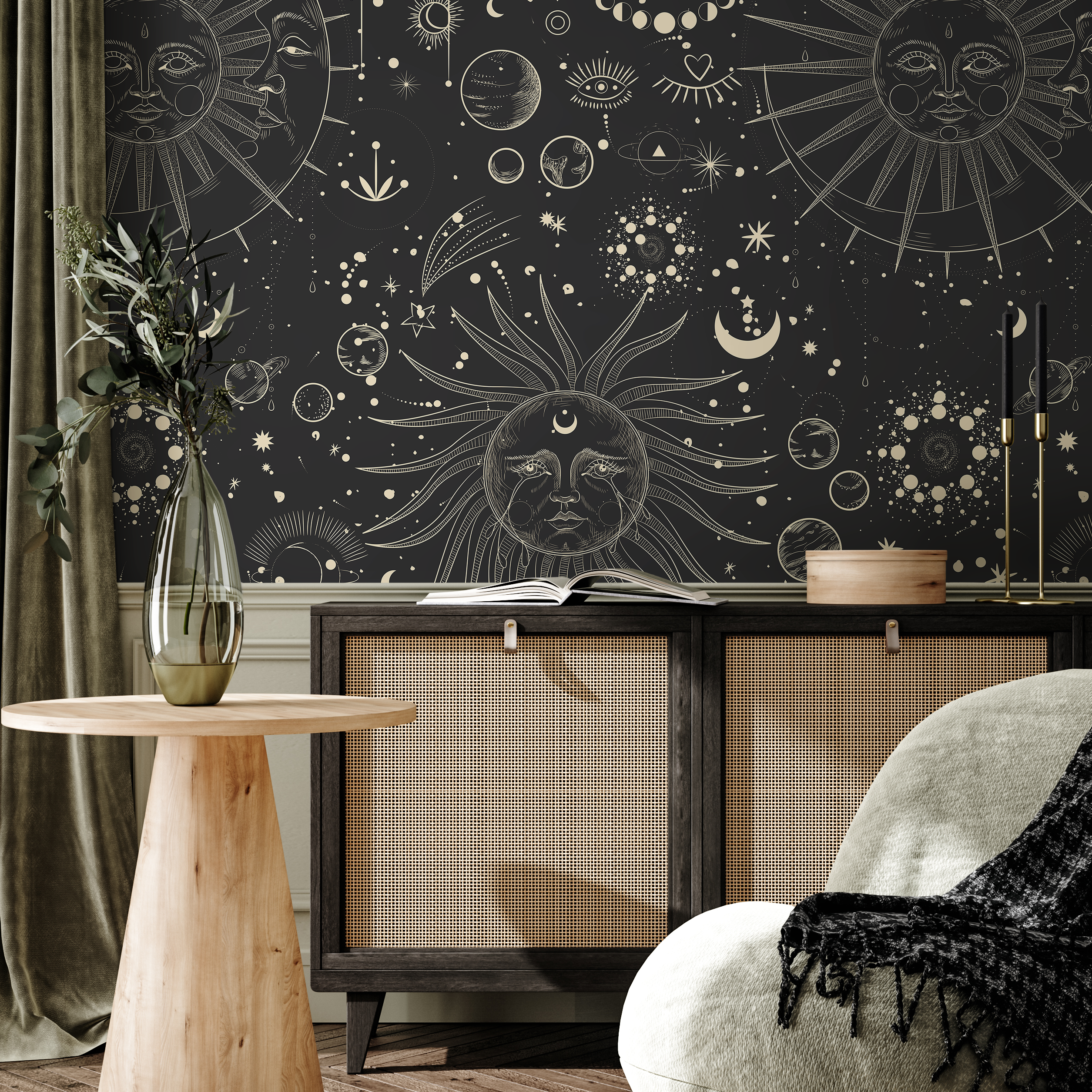 Celestial Wallpaper With Sun And Moon Motifs In Black And Gold - D342