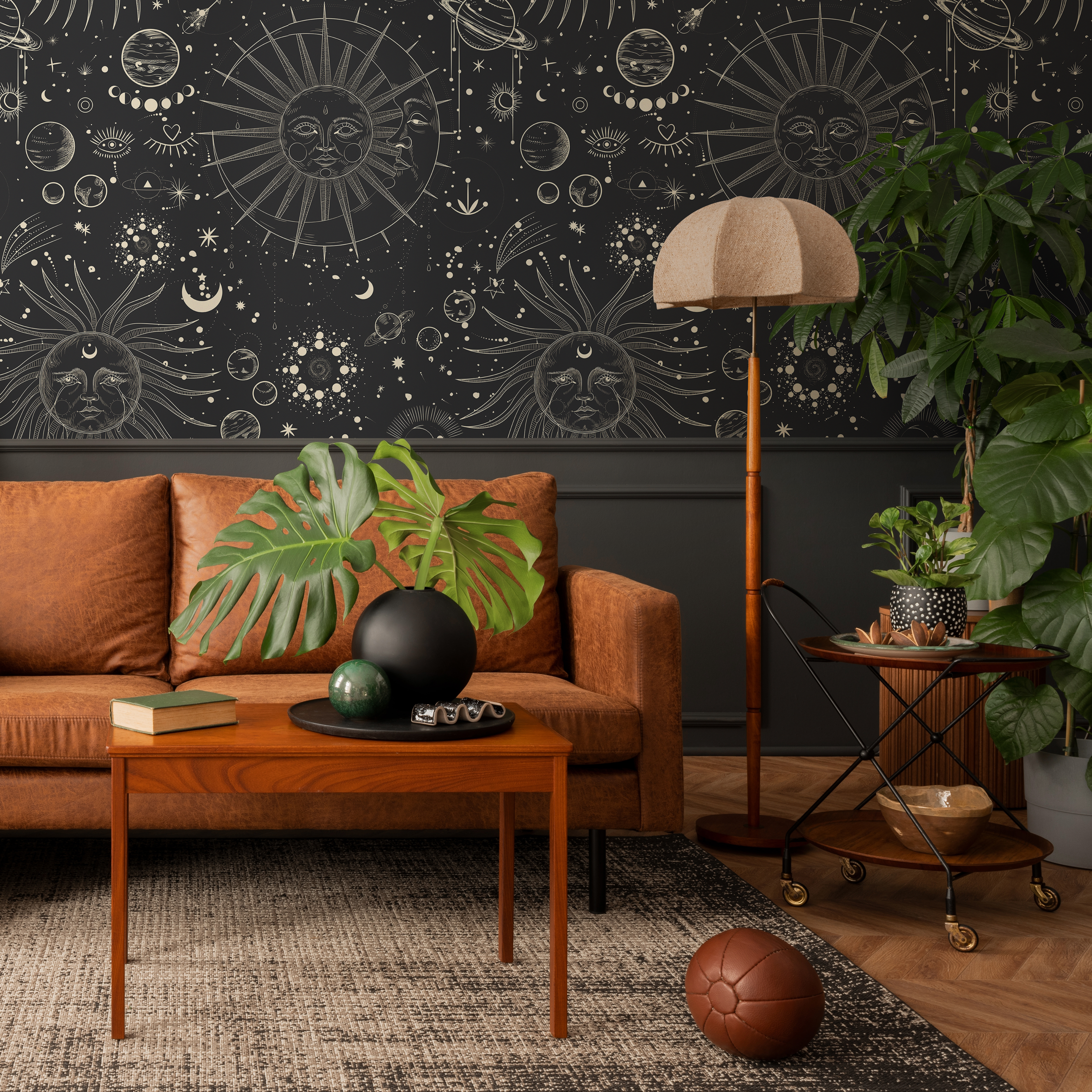 Celestial Wallpaper With Sun And Moon Motifs In Black And Gold - D342