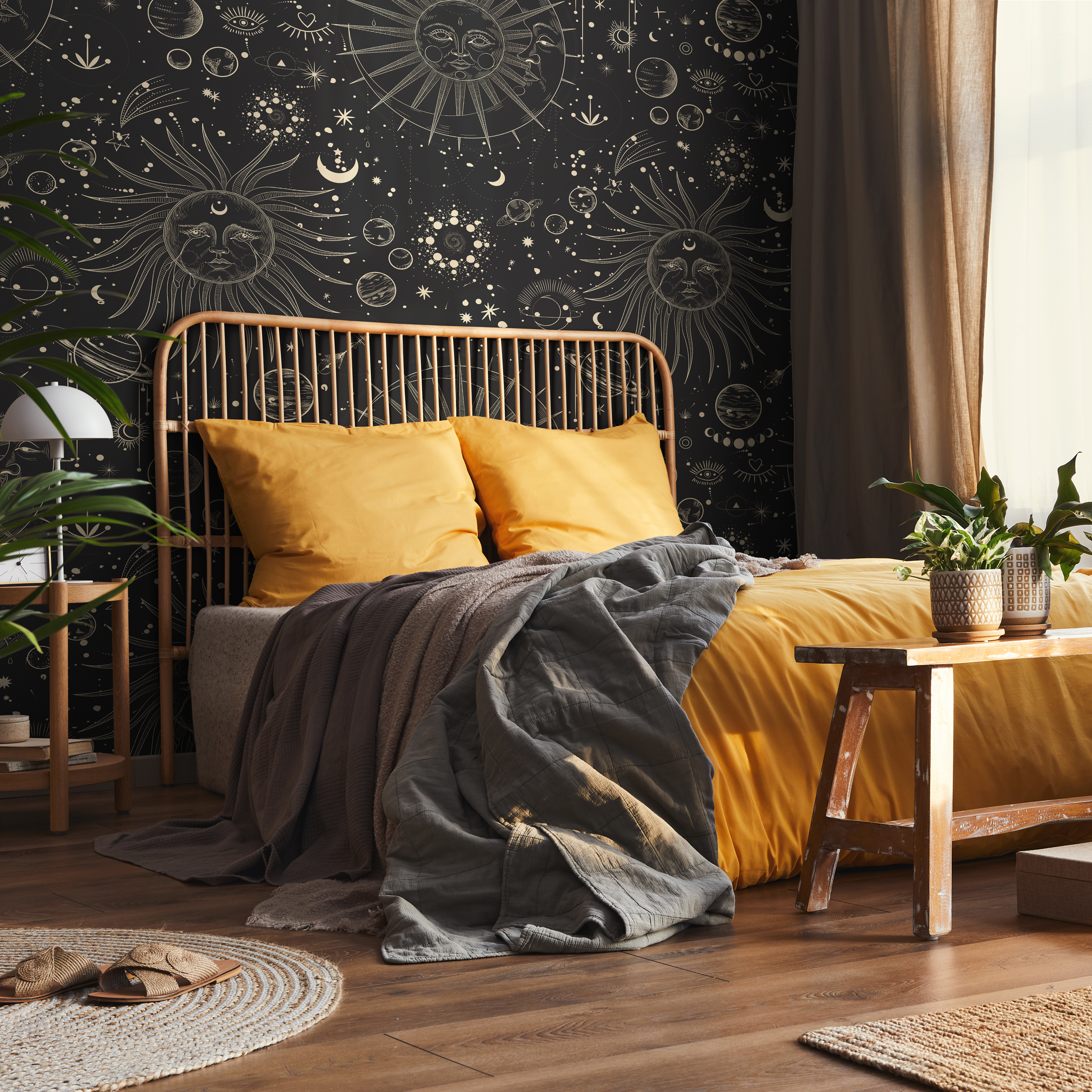 Celestial Wallpaper With Sun And Moon Motifs In Black And Gold - D342